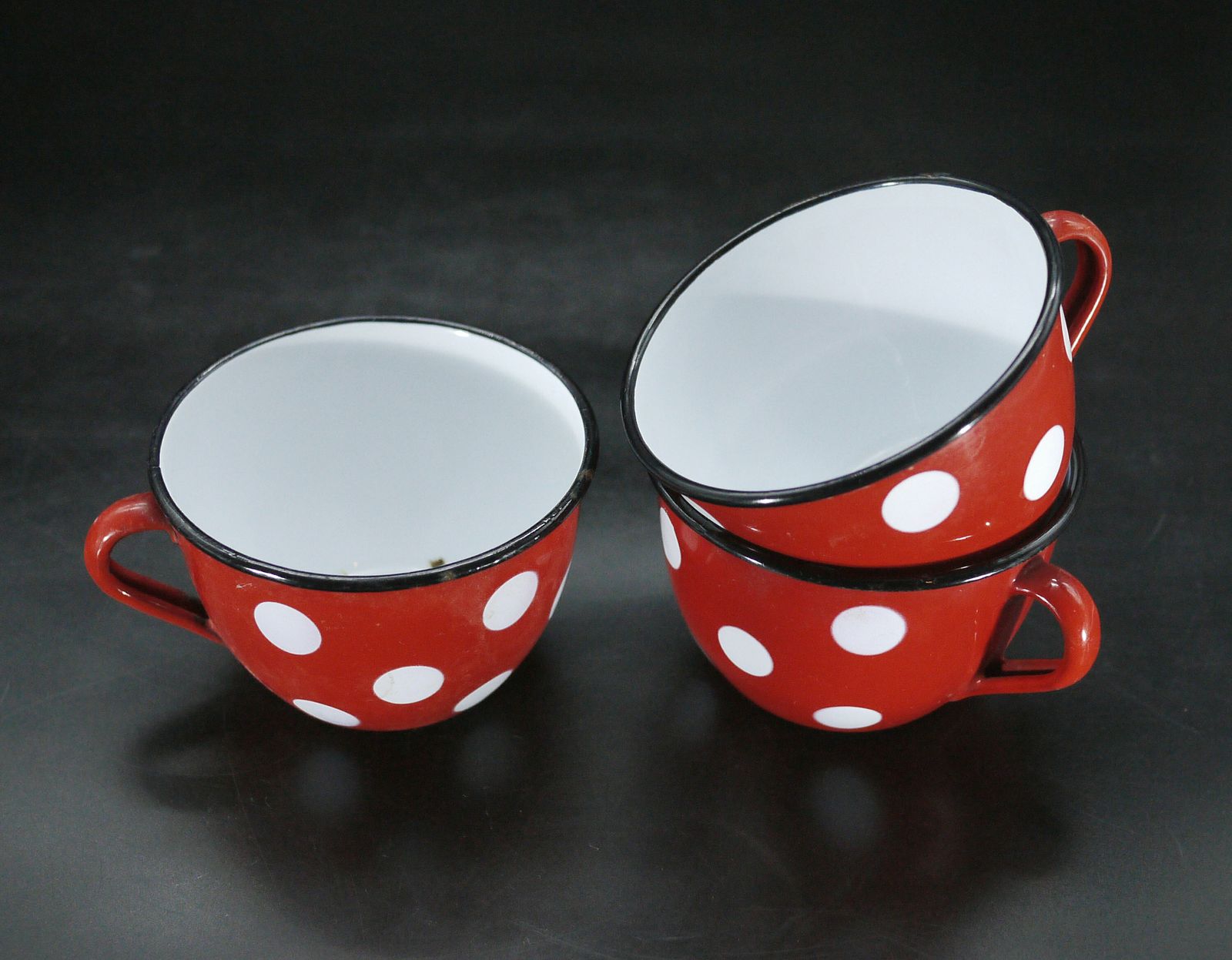 Vintage French Red Polka Dot Enamel Teapot And Cup, S/5 photo for sale
