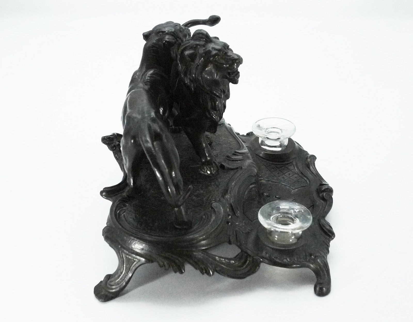Antique French Spelter Inkstand With Lions, Double Inkwell photo 425.0