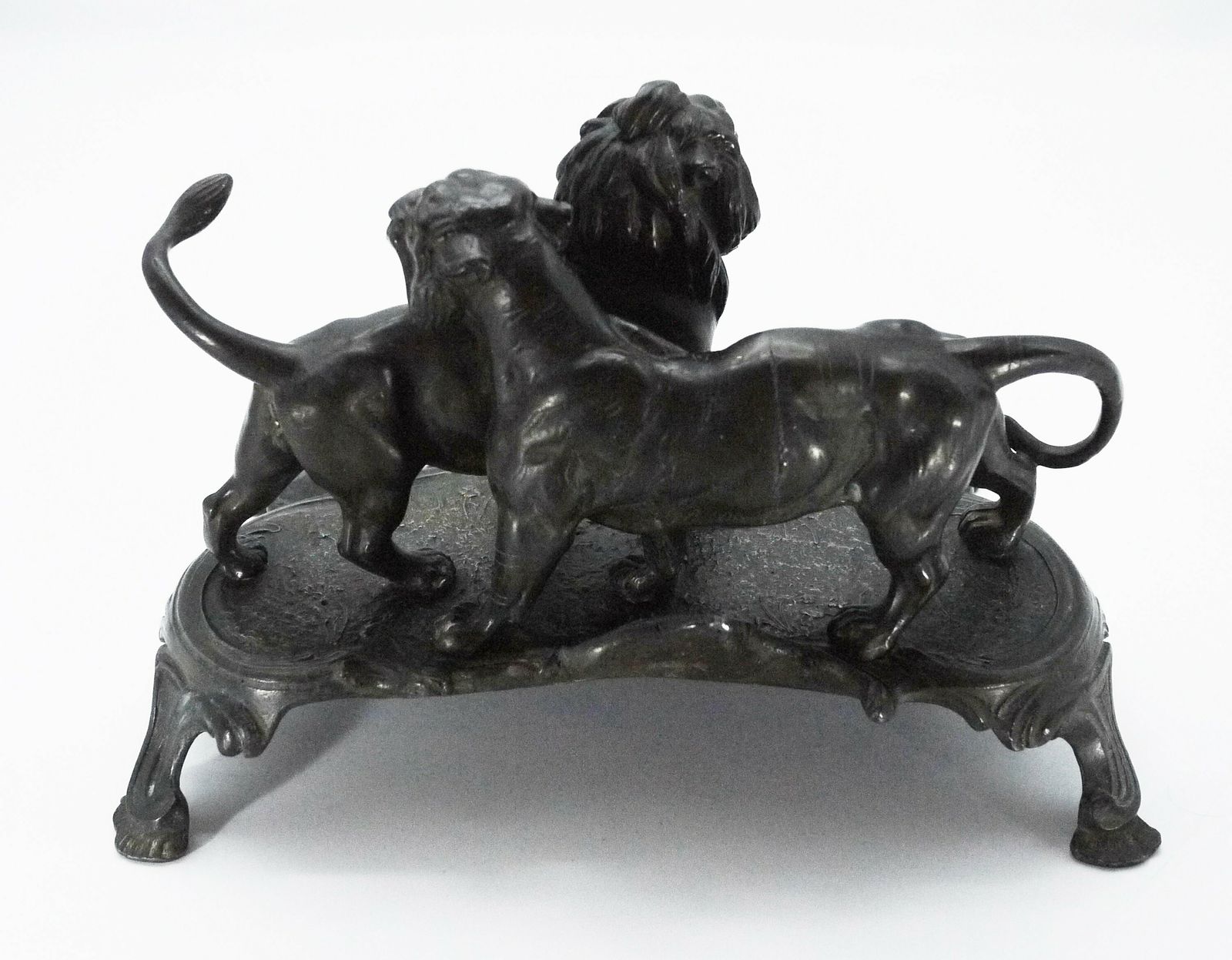 Antique French Spelter Inkstand With Lions, Double Inkwell photo vinterior