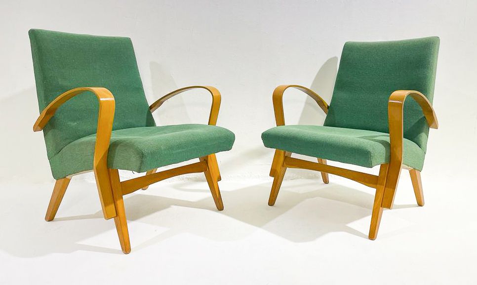 Mid Century Modern Pair Of Amarchairs, Green Upholstery, Czech, 1950s photo for sale