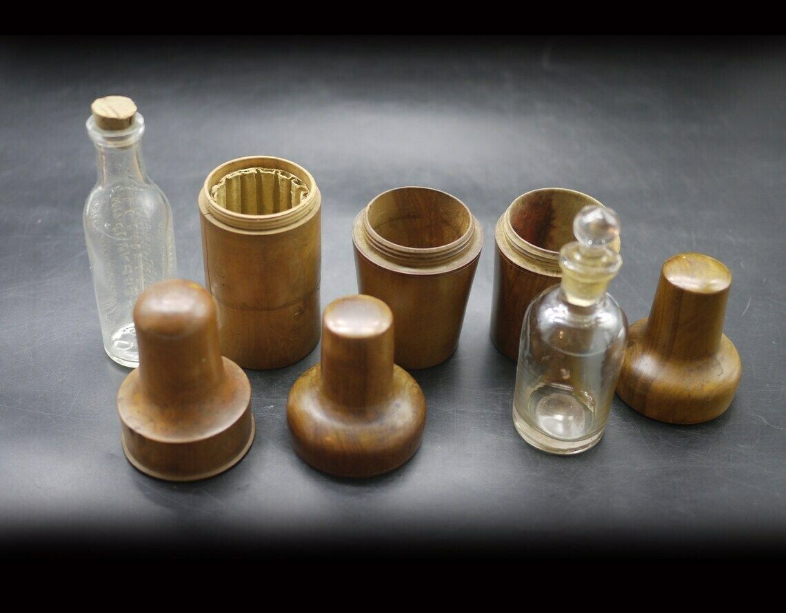 Antique French Medicine Boxwood Treen Containers Bottle Case Set photo Home Decor