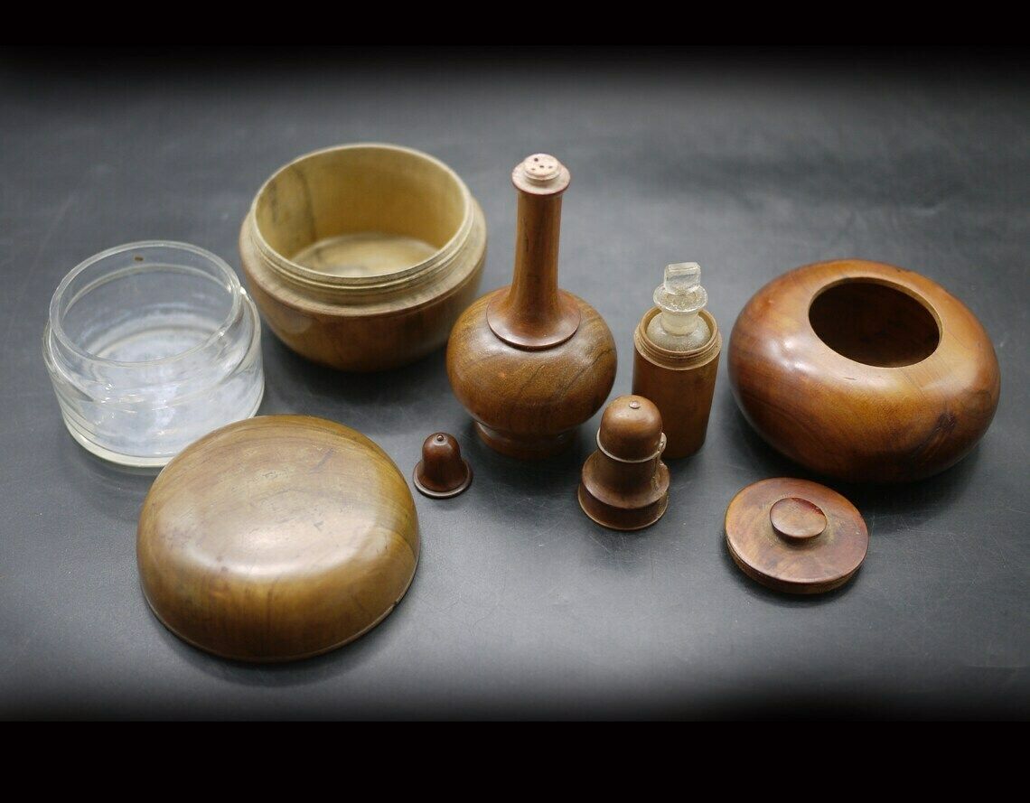 Antique French Medicine Boxwood Treen Containers Bottle Case Set photo 550.0