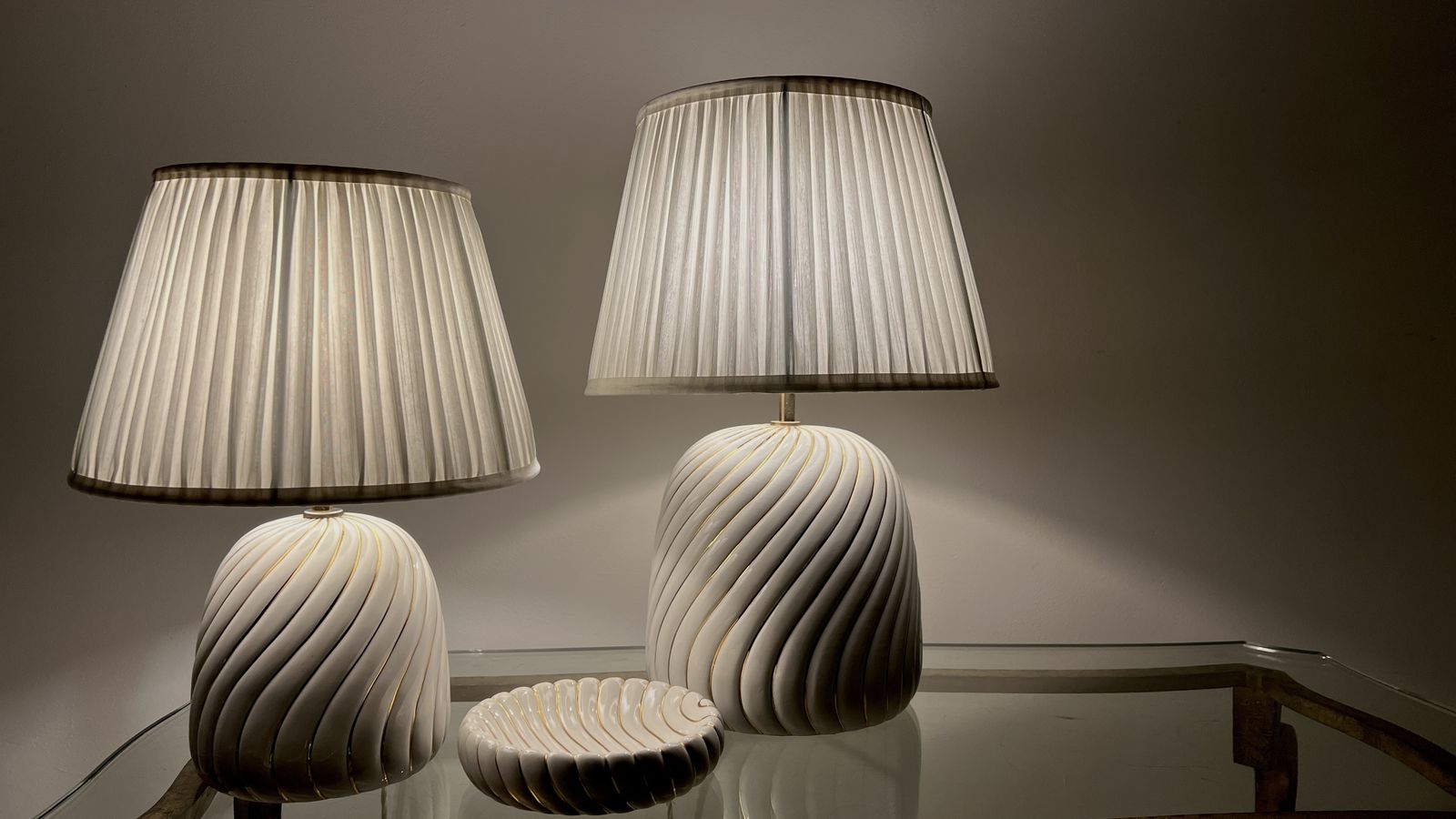 A 1970s Italian Tommaso Barbi Trio, 2 Lamps And Bowl photo for sale