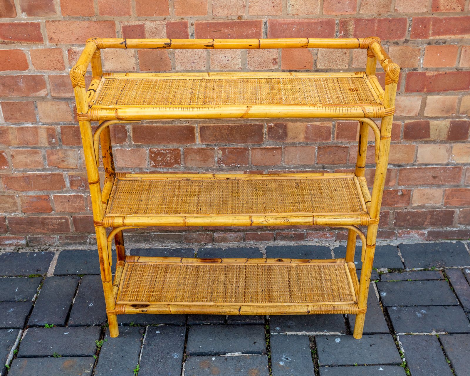 Boho Chic Bamboo Shelves 1970s Mcm Italian Dal Vera Freestanding Bookcase Mid Century Rattan Bohemian Blonde Three Tier Shelving Unit photo vinterior