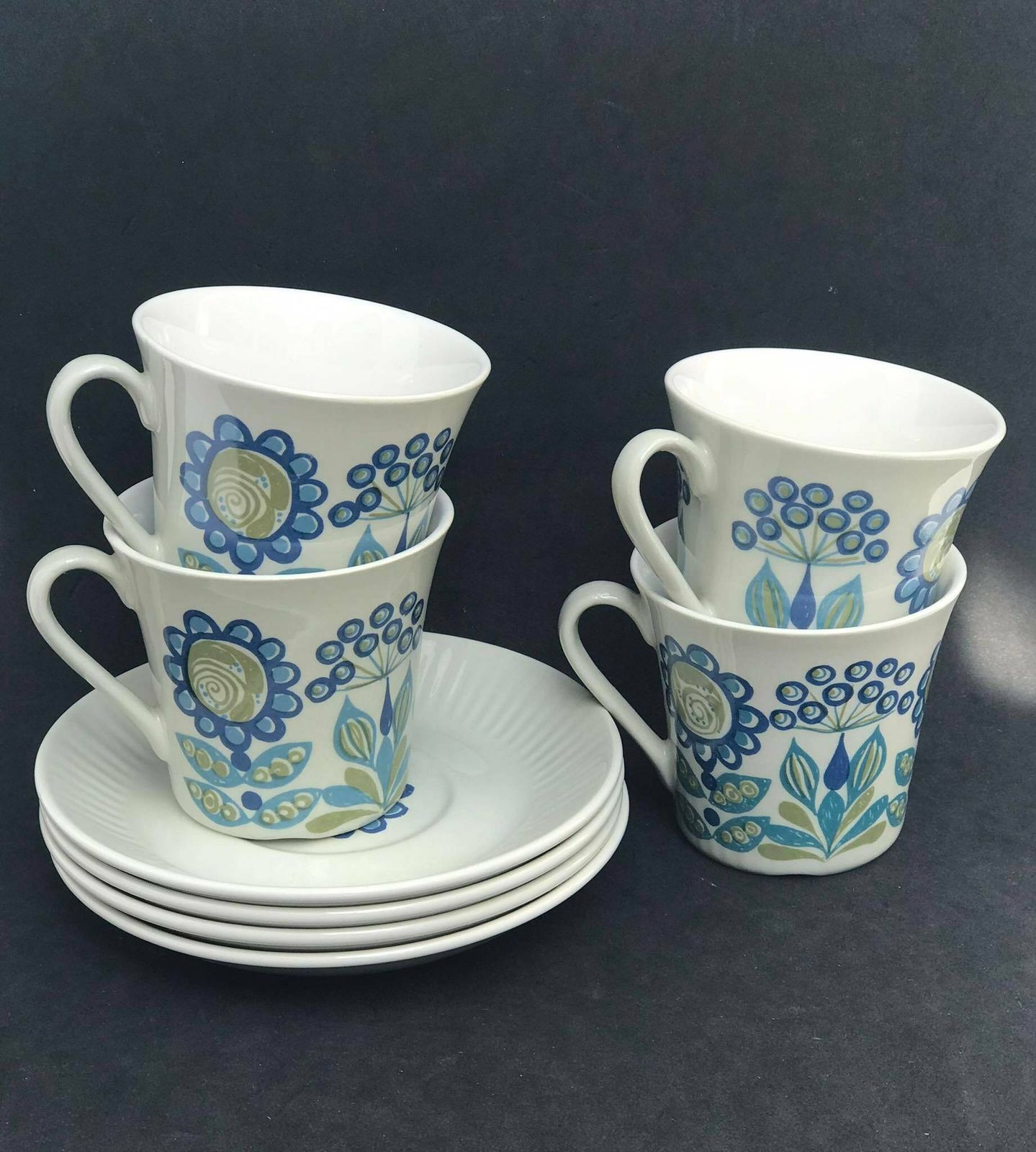 photo furniture Figgjo Flint 4 Coffee Cups And 4 Saucers By Turi Gramstad Oliver, Tor Viking Pattern Tea Creamer Milk Pot Kitchen Norvegian Design Table