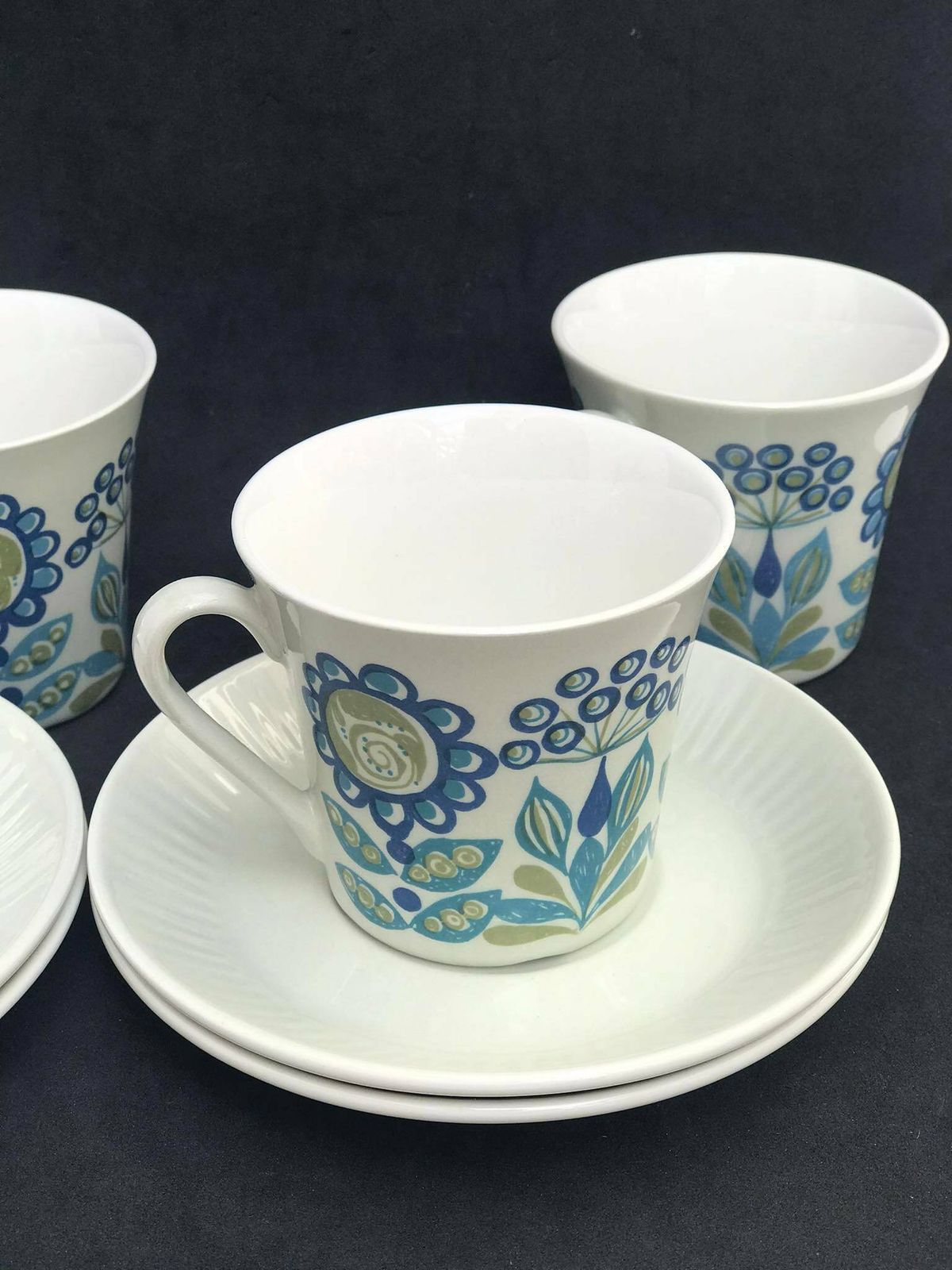 photo for sale Figgjo Flint 4 Coffee Cups And 4 Saucers By Turi Gramstad Oliver, Tor Viking Pattern Tea Creamer Milk Pot Kitchen Norvegian Design Table