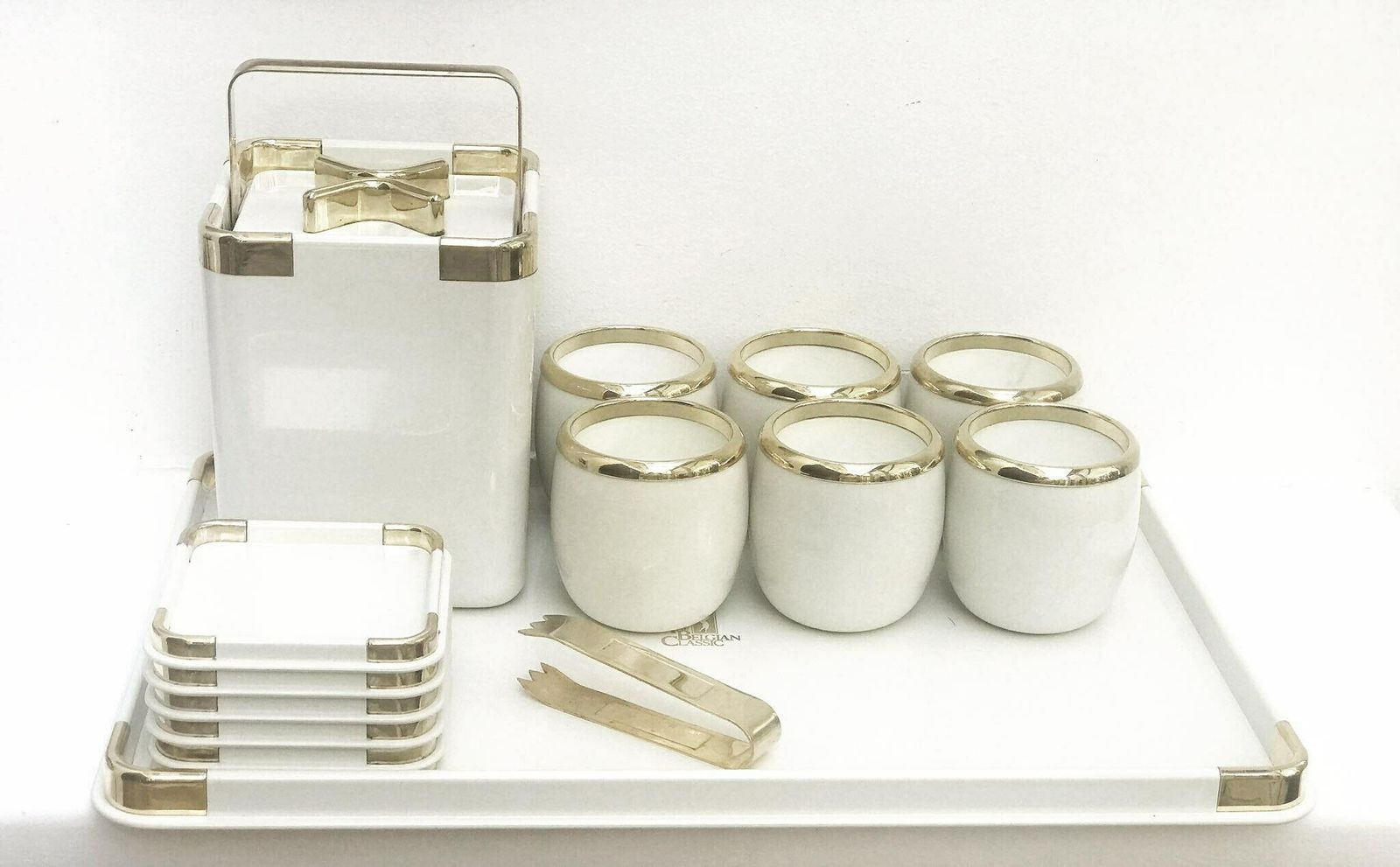 Hans Turnwald Collection 1970s Hollywood Regency Ice Bucket And 6 Coasters Bucket, Gold Wine Cooler Made In Germany, Bar Accessories