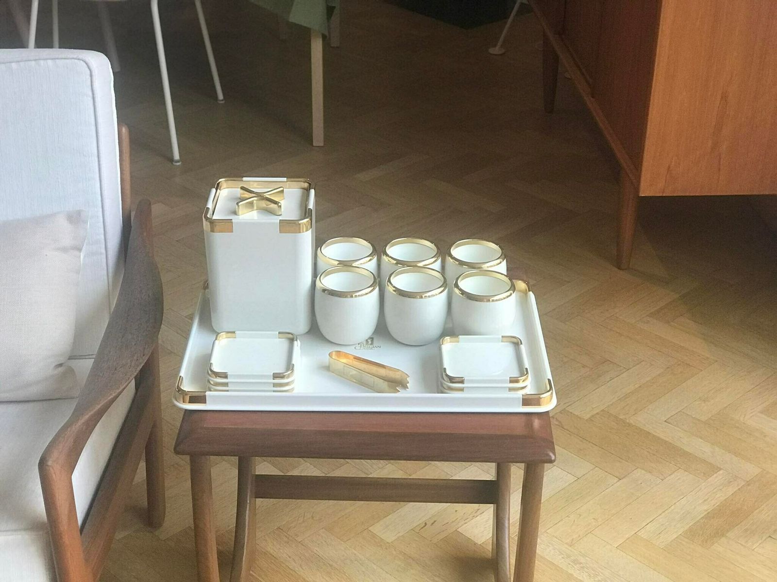 Hans Turnwald Collection 1970s Hollywood Regency Ice Bucket And 6 Coasters Bucket, Gold Wine Cooler Made In Germany, Bar Accessories photo for sale