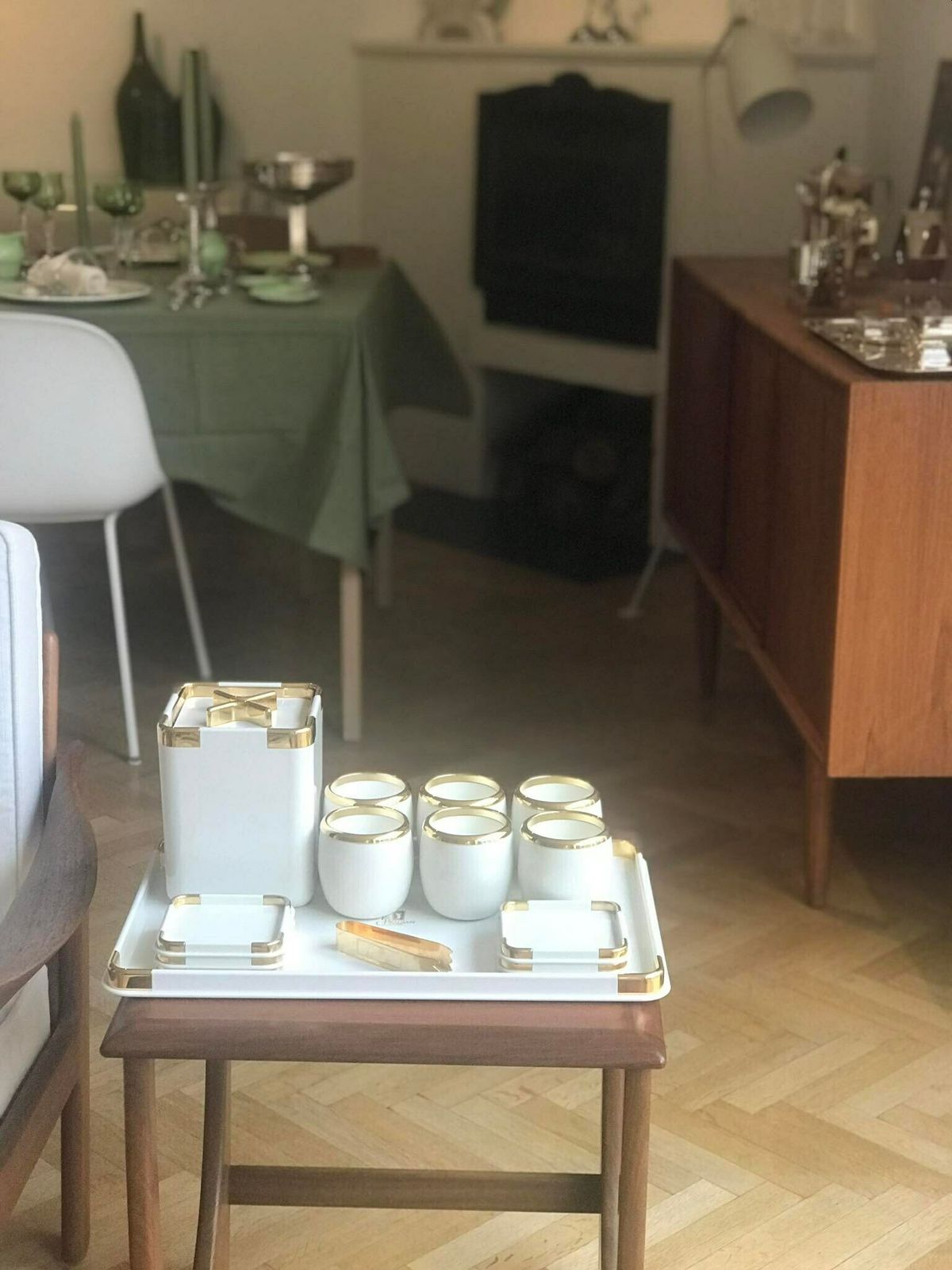 Hans Turnwald Collection 1970s Hollywood Regency Ice Bucket And 6 Coasters Bucket, Gold Wine Cooler Made In Germany, Bar Accessories photo vinterior