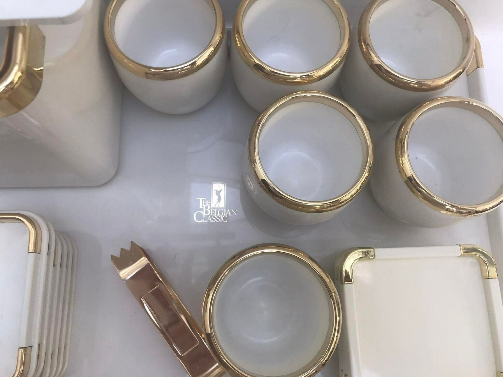 photo for sale Hans Turnwald Collection 1970s Hollywood Regency Ice Bucket And 6 Coasters Bucket, Gold Wine Cooler Made In Germany, Bar Accessories