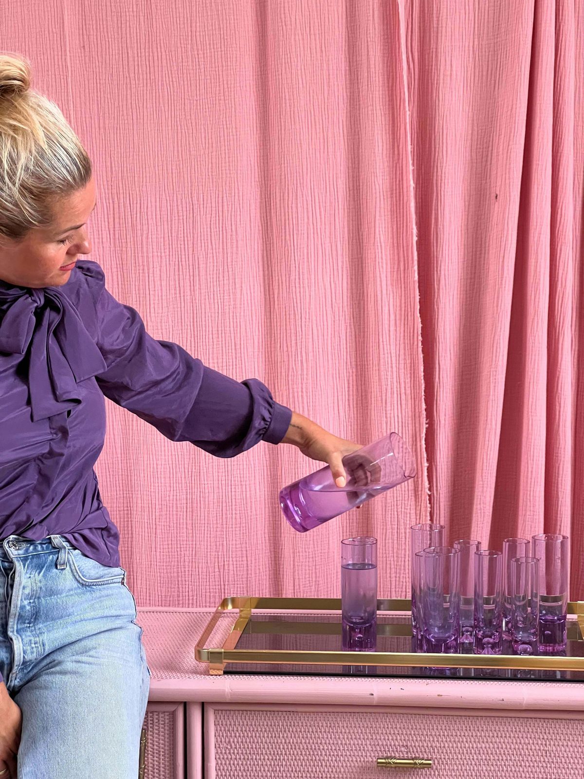 Rare 1970s Gorgeous Purple Crystal Glass Drink Set By Ivat. Made In Italy ~ Alexandrite Glass photo for sale