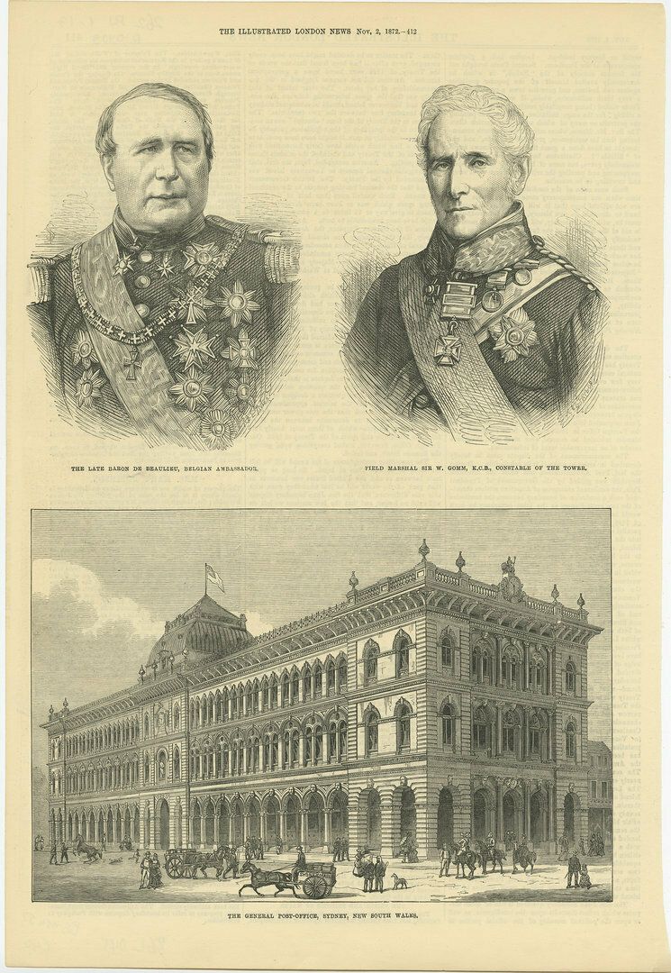 Antique Print With Two Portraits And A View Of The General Post Office, Sydney