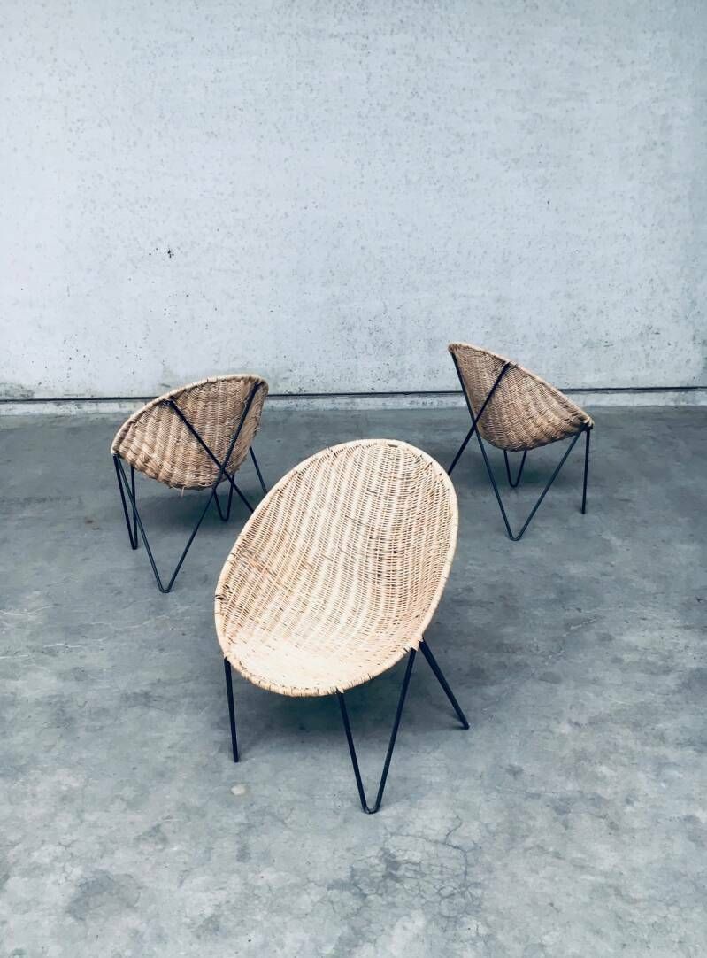 Midcentury Modern Design Egg Basket Wicker Chair Set, Italy 1950's photo vintage