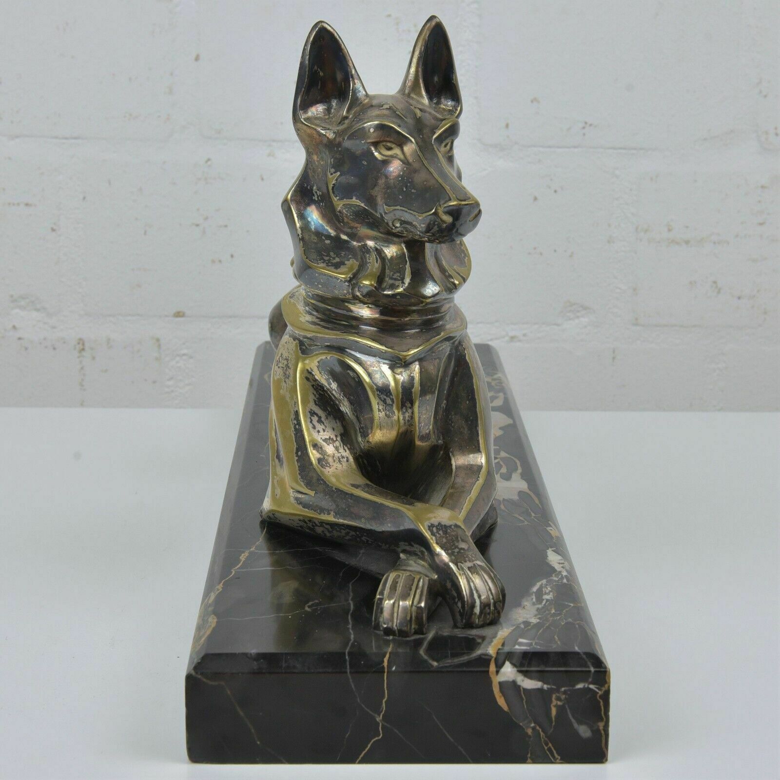 Antique! Bronze Sculpture Silver Plated German Shepherd Dog Petrilly Marble Art Deco photo 2387.0