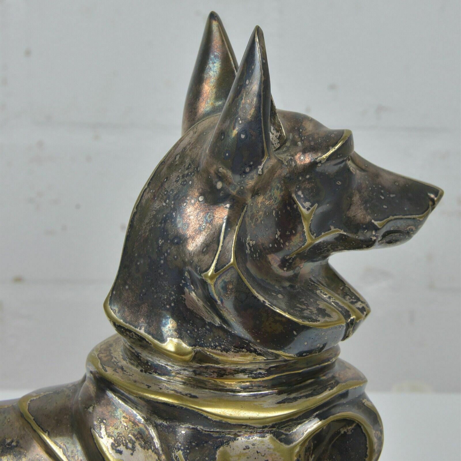 Antique! Bronze Sculpture Silver Plated German Shepherd Dog Petrilly Marble Art Deco photo vintage