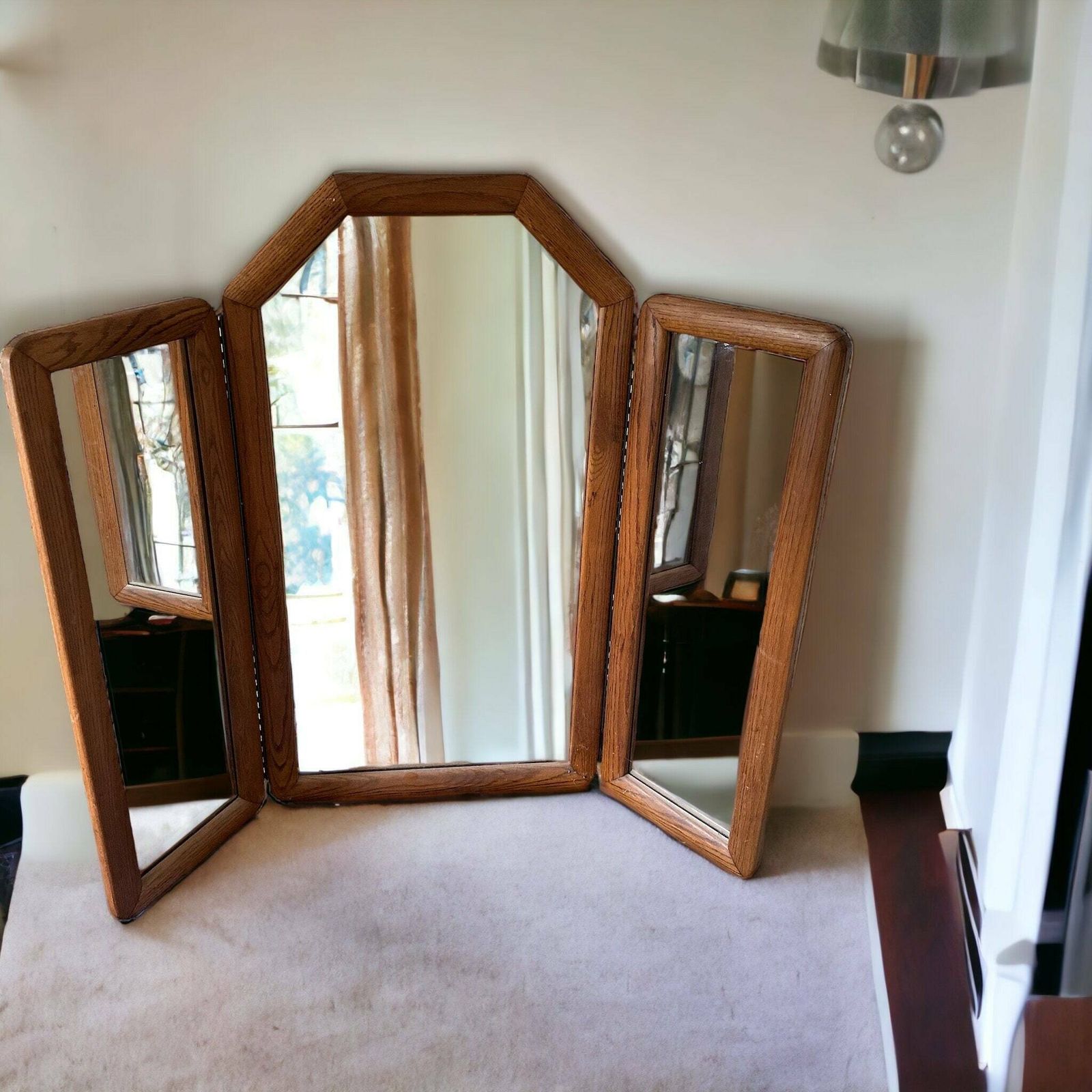 1970s Tri Fold Oak Surround Mirror Floor Standing Or Wall Mounted photo furniture