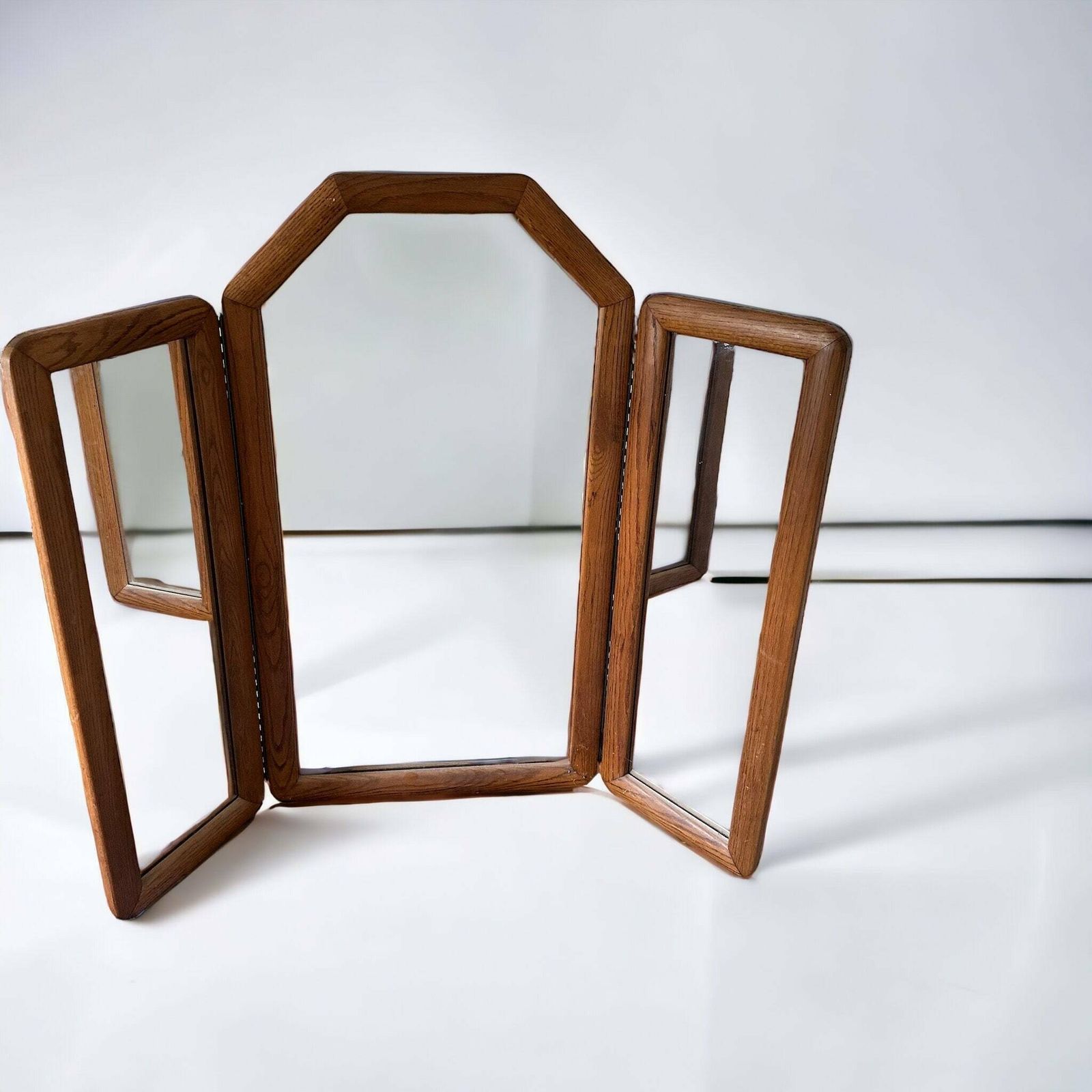 1970s Tri Fold Oak Surround Mirror Floor Standing Or Wall Mounted photo for sale