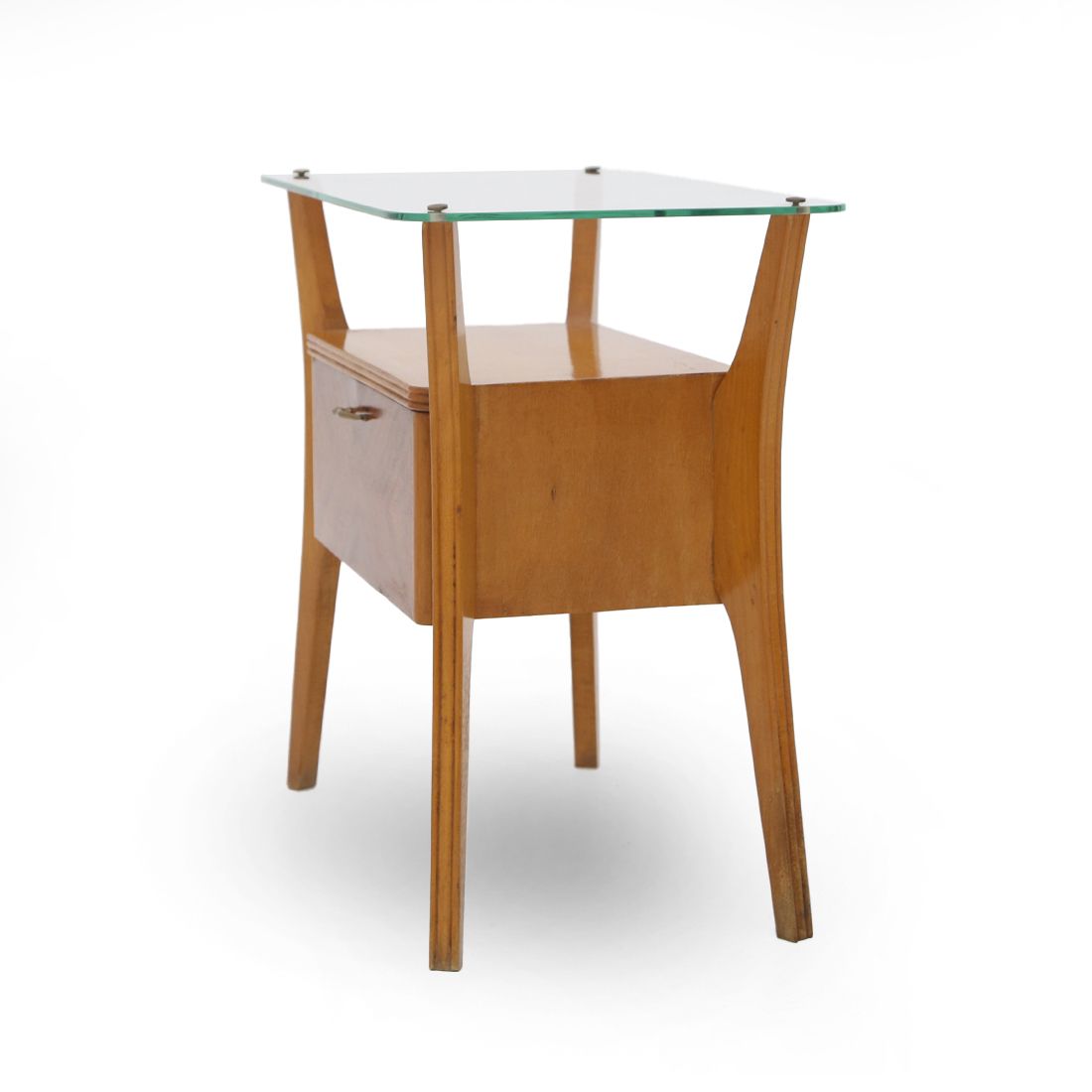 photo for sale Pair Of Wooden Bedside Tables With Glass Top, 1950s
