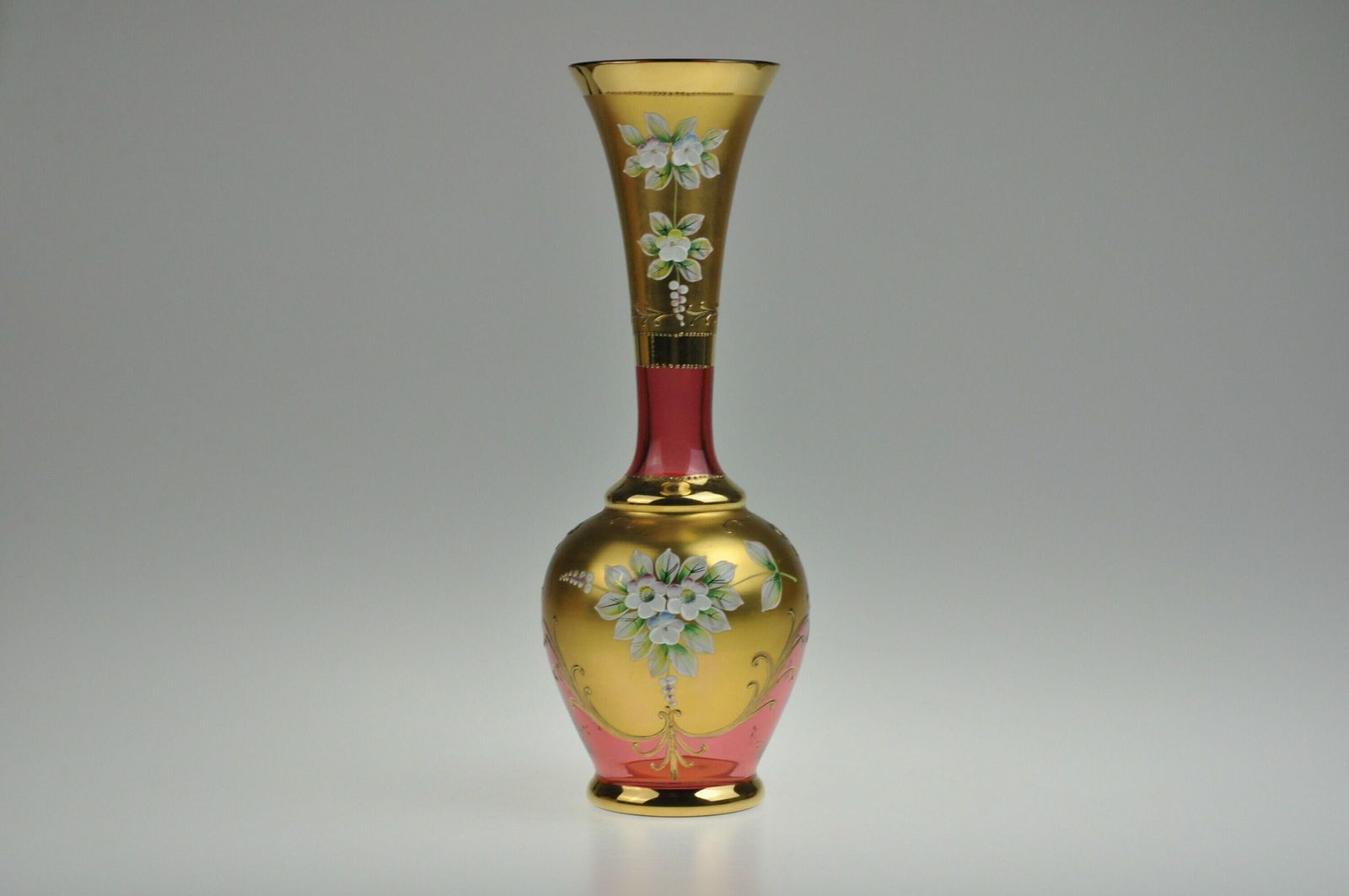 Vintage Glazen Vaas Met Email En 24k Goud, Tsjechisch Glas, Kunstglas, Handgemaakt, Emailvaas, Rode Vaas