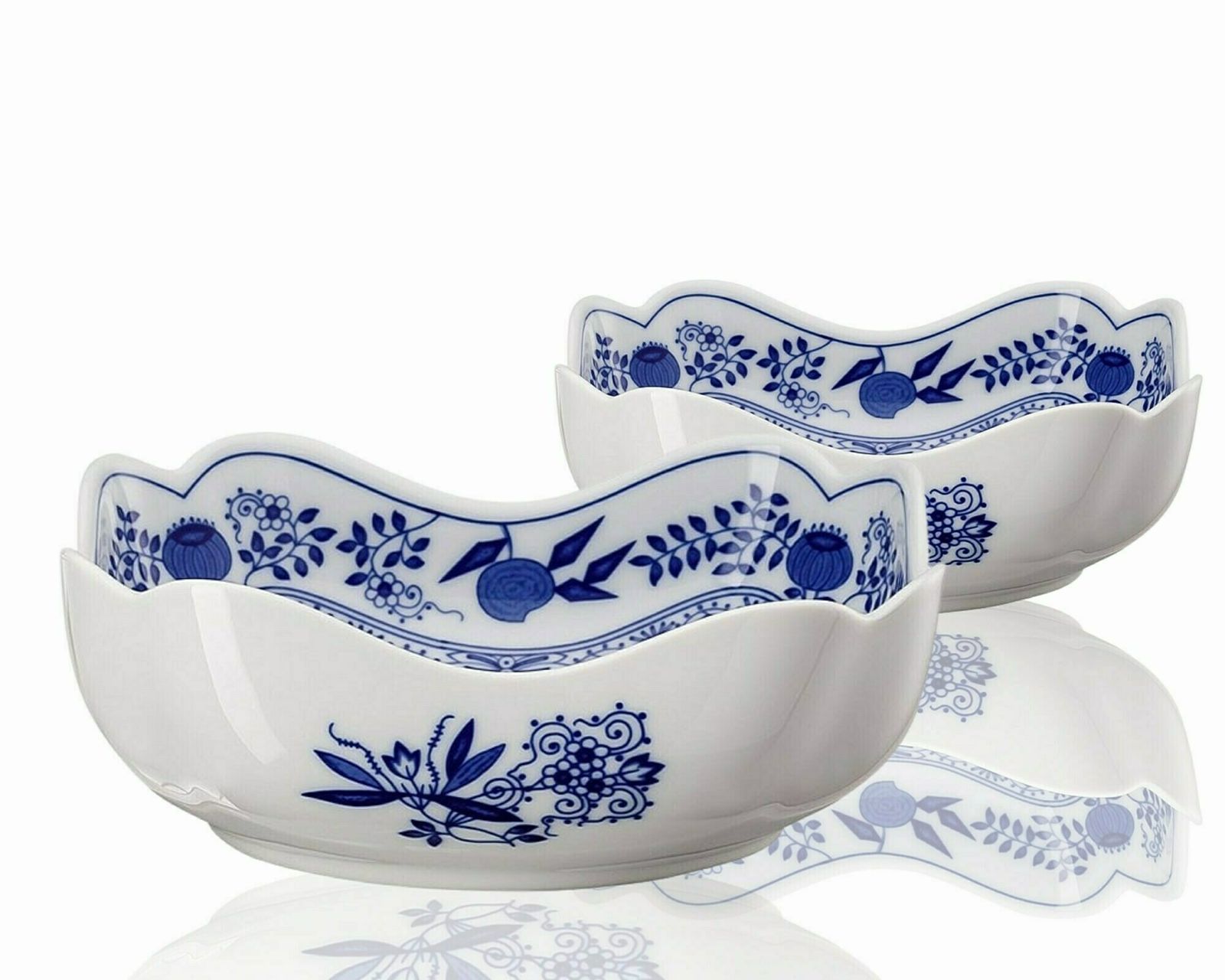 Blue Onion Bowl Set | Porcelain Servers | 2 Pcs With Square Scalloped Rim | Hutschenreuther (Rosenthal)