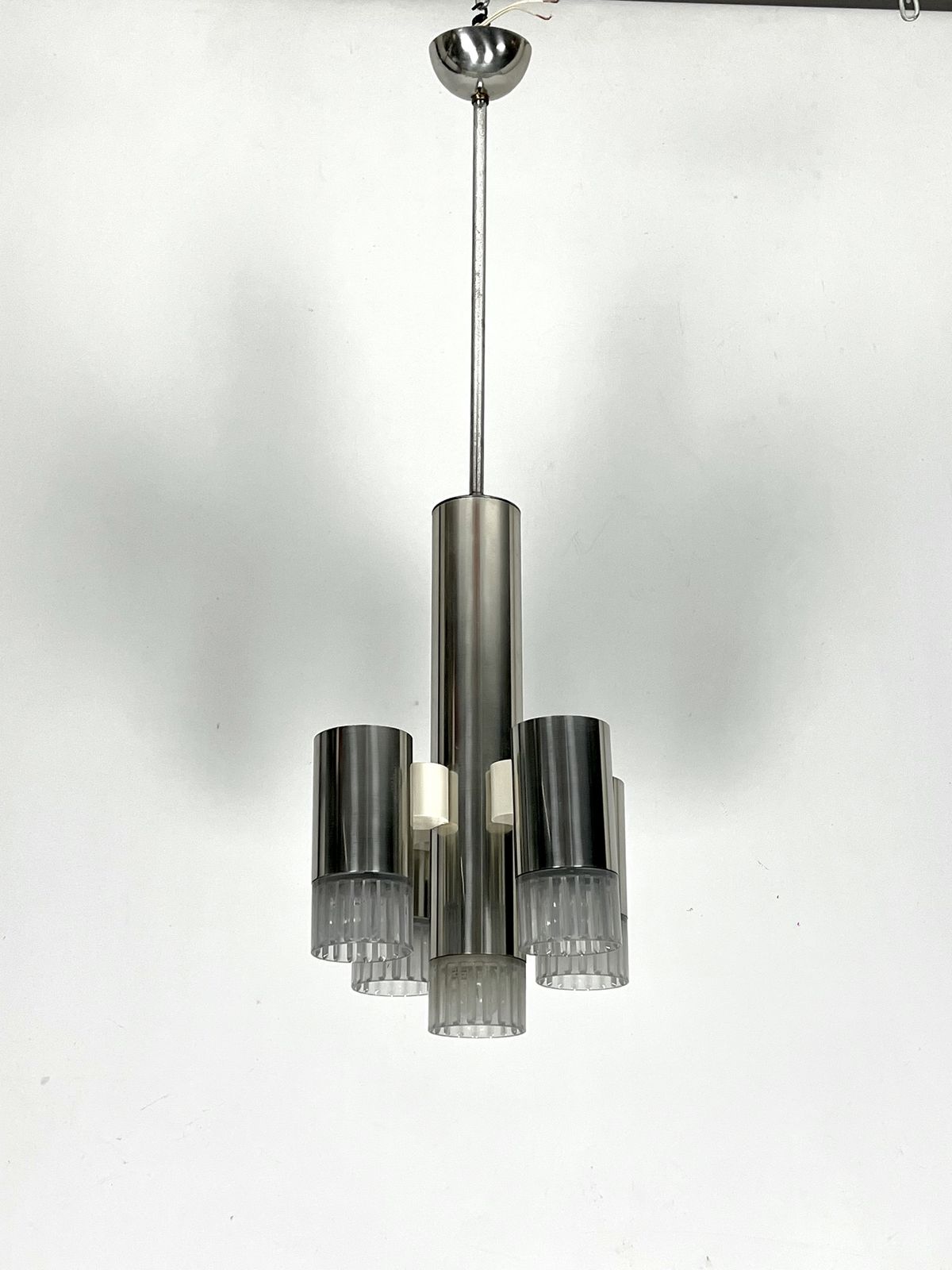 Sciolari Geometric Chrome And Plexiglass 5 Lights Chandelier. Italy 1970s photo for sale