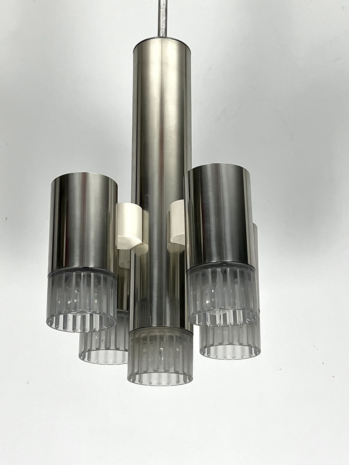 Sciolari Geometric Chrome And Plexiglass 5 Lights Chandelier. Italy 1970s