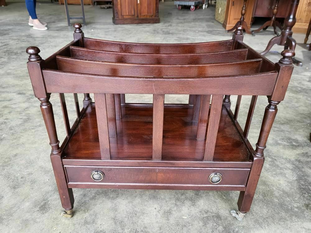 Antique Repro Mahogany Canterbury Magazine Book Rack Drawer.Castors photo furniture