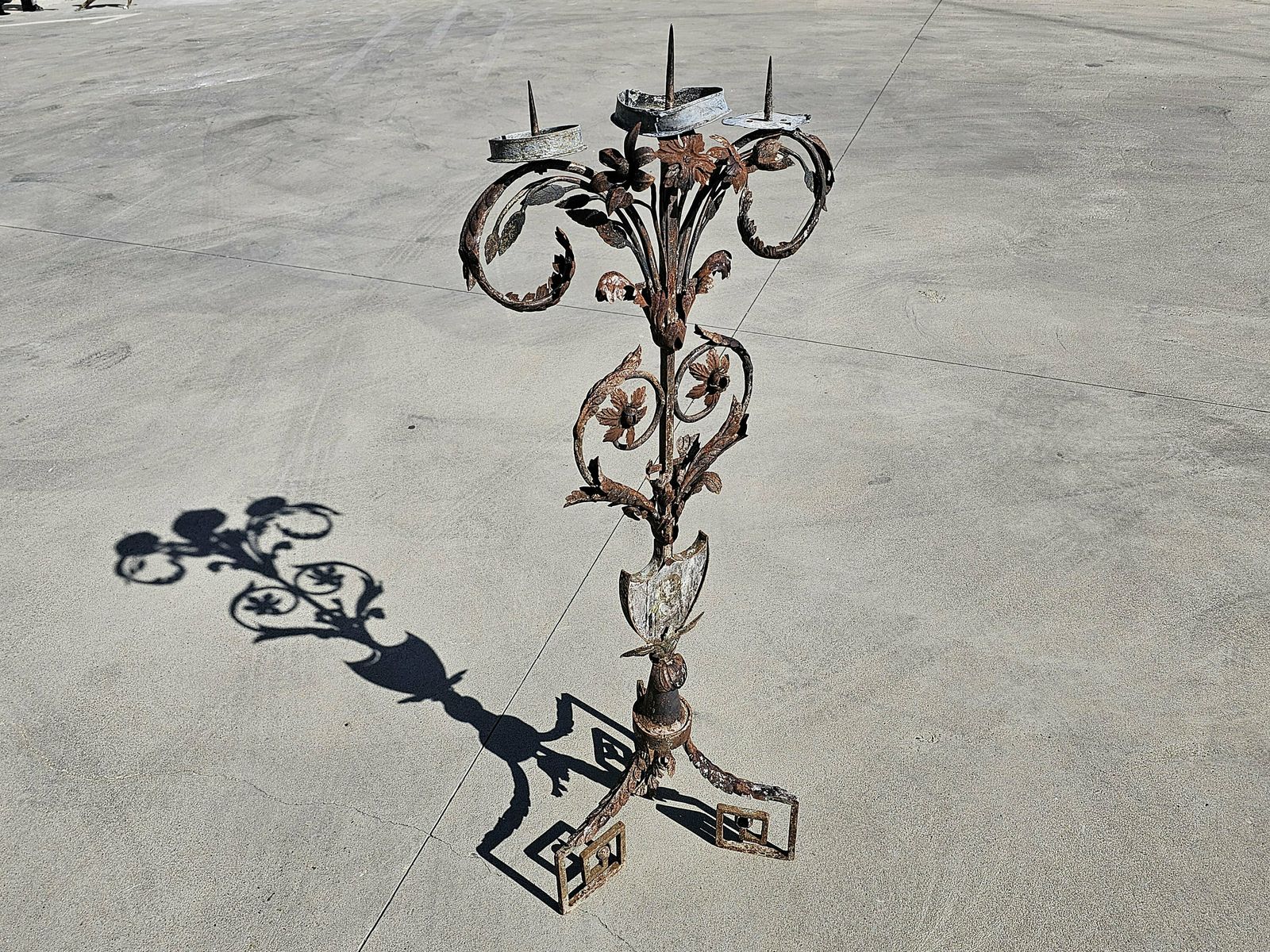 Antique Baroque Wrought Iron 3 Arm Candelabra With Fresco Of Saint Joseph Made In Austria In Early 18th Century