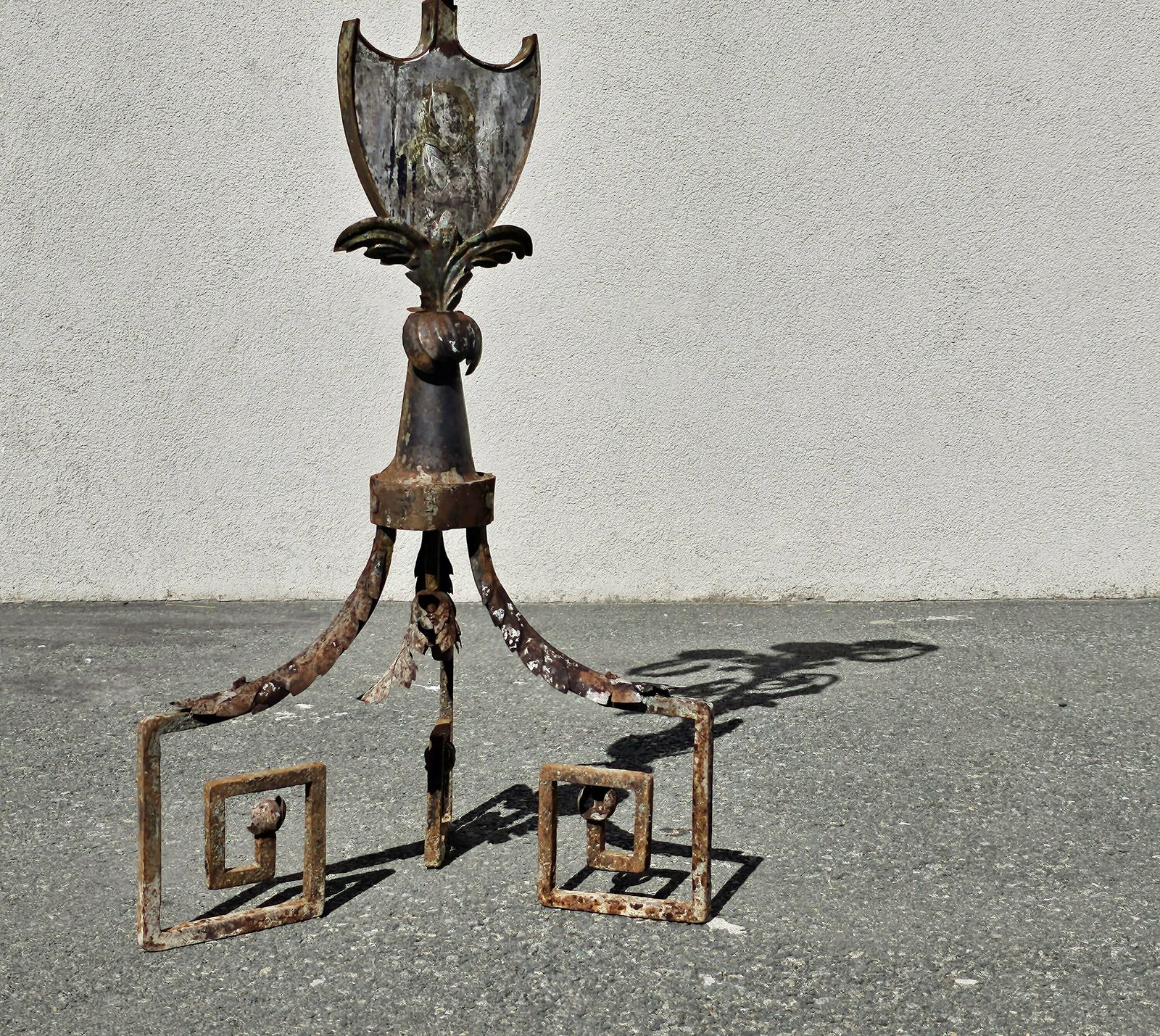 photo for sale Antique Baroque Wrought Iron 3 Arm Candelabra With Fresco Of Saint Joseph Made In Austria In Early 18th Century