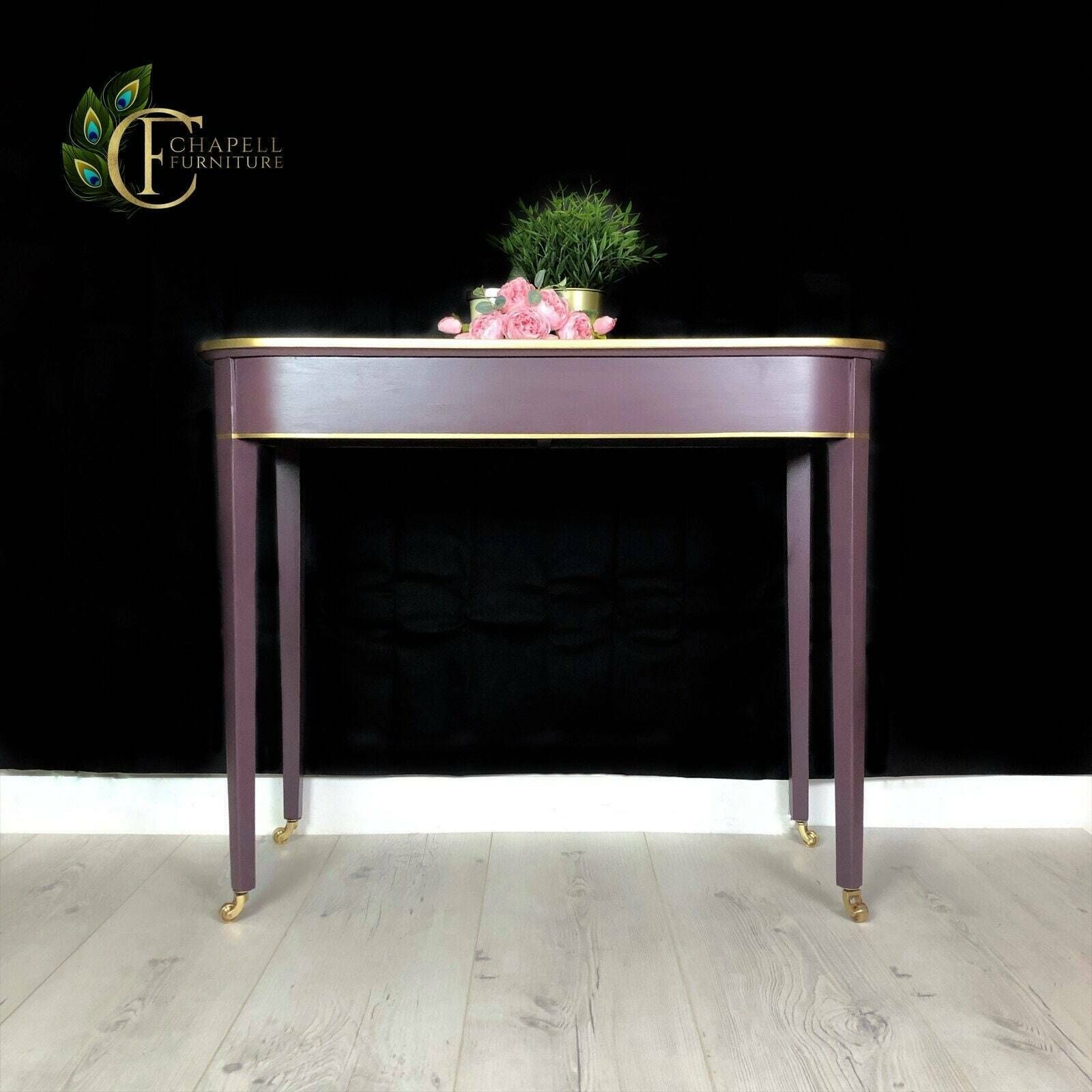 Victorian Mahogany Vintage Hall Table, Console Table, Side Table, Writing Desk, Hand Painted In Deep Purple And Gold