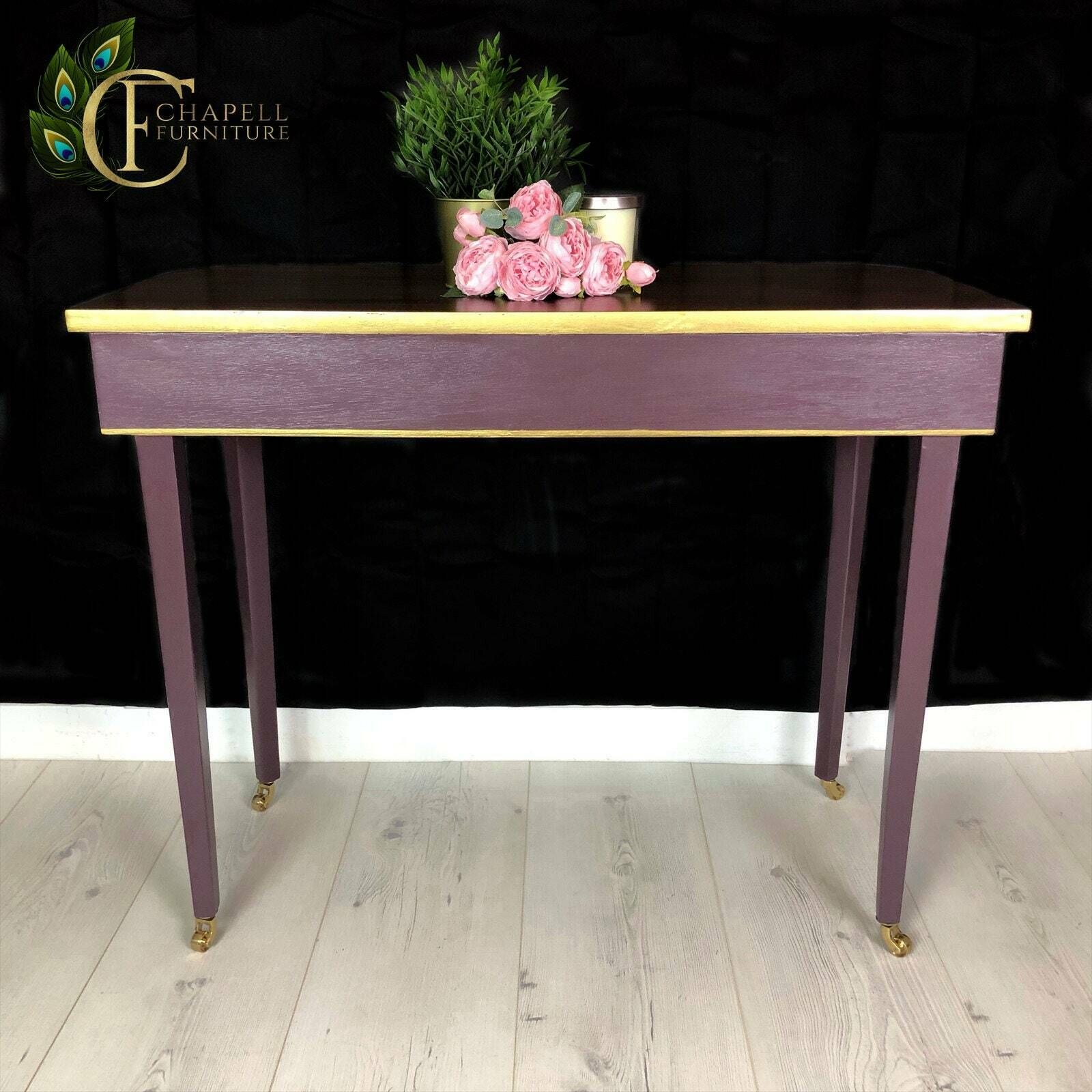 Victorian Mahogany Vintage Hall Table, Console Table, Side Table, Writing Desk, Hand Painted In Deep Purple And Gold photo for sale