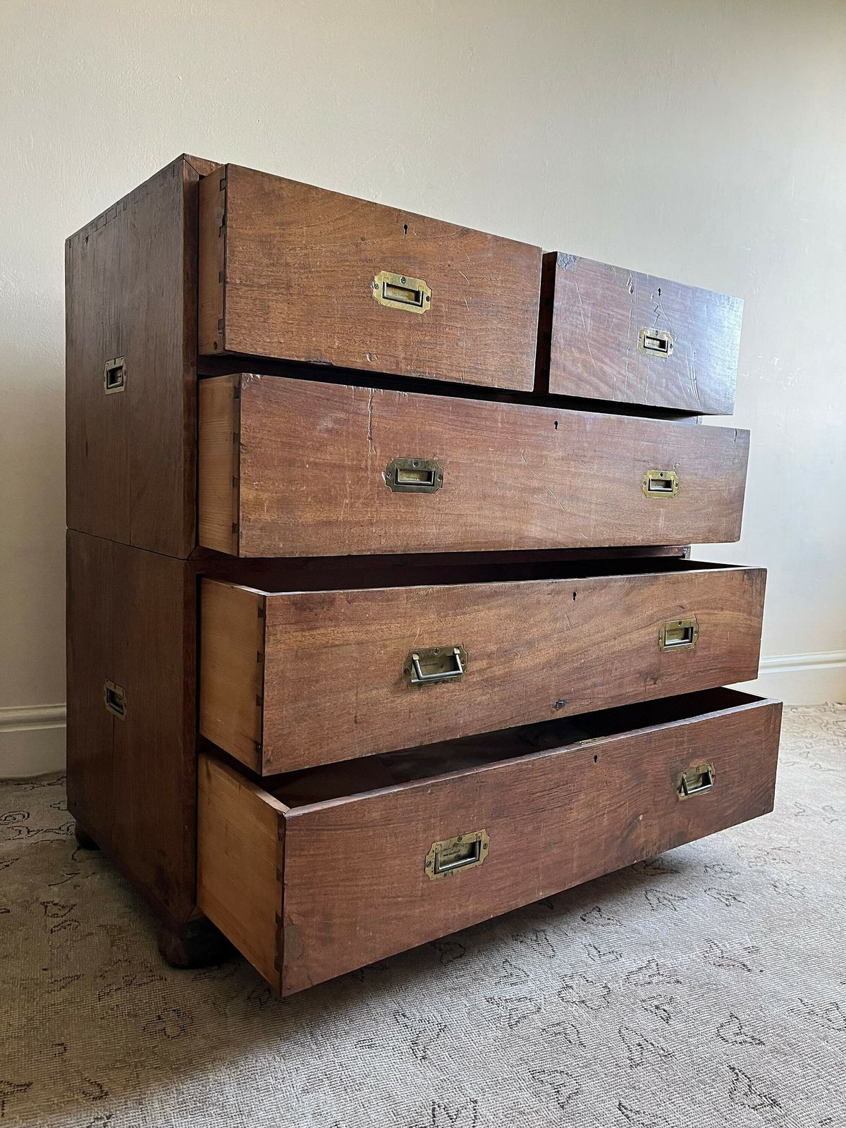 19th Century Military Campaign Chest Of Drawers In Solid Teak Wood With Brass Handles And Hardware Anglo Indian Antique Storage Armoire photo buy