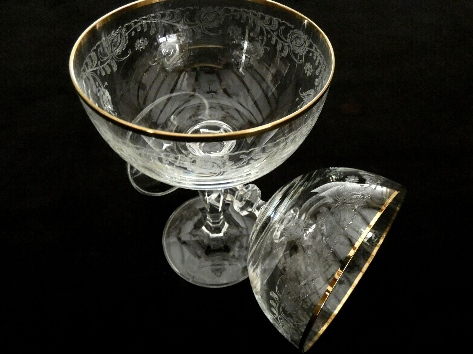 1pc. Antique Italian Champagne Coupe Etched Crystal Gold Edging Vintage Collectible Glassware Early 20th Century photo buy