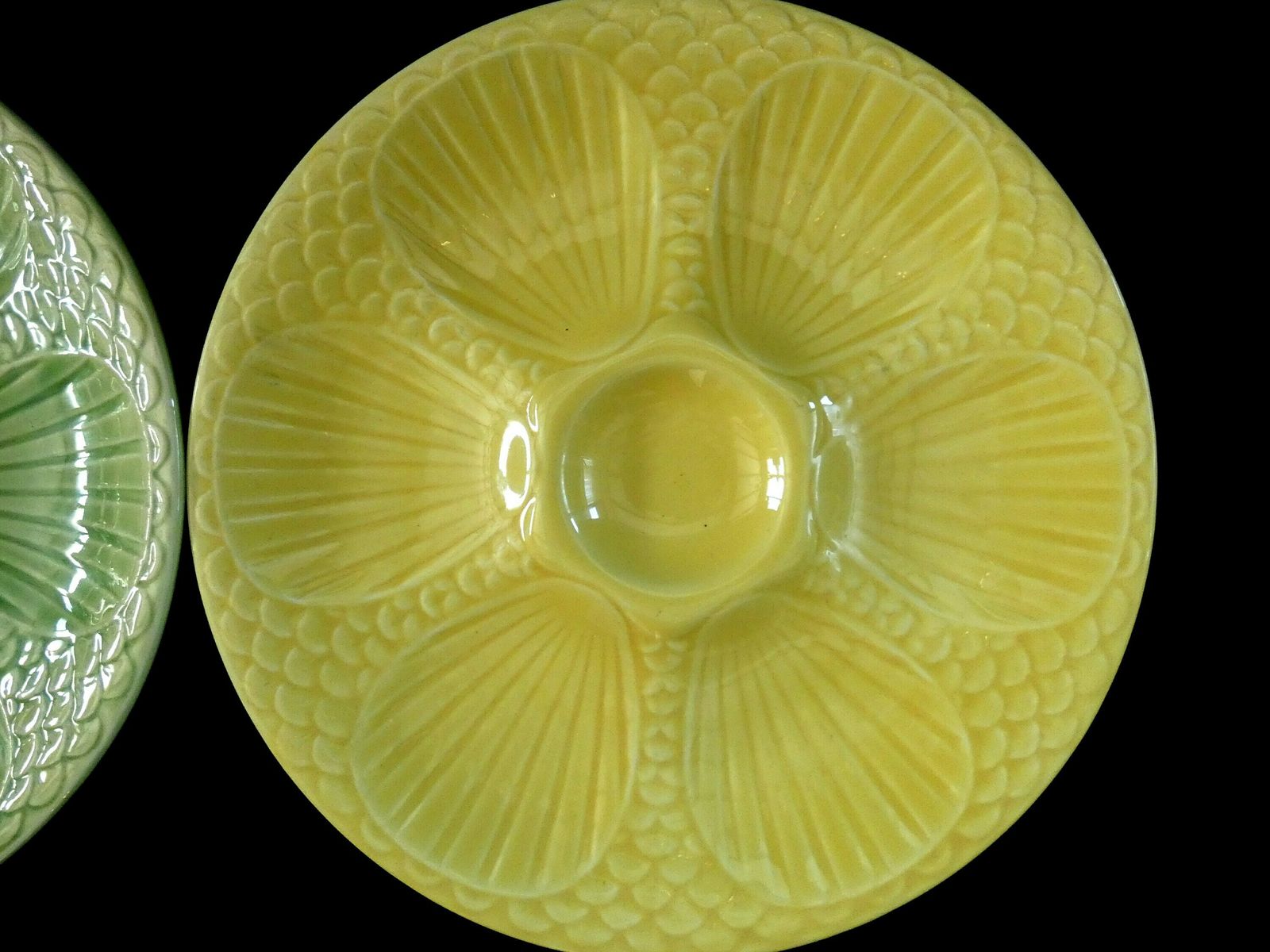 Antique Digoin Oyster Plates, Green And Yellow Majolica Oyster Platter, Faience Oyster Plates France 30s photo Home Decor