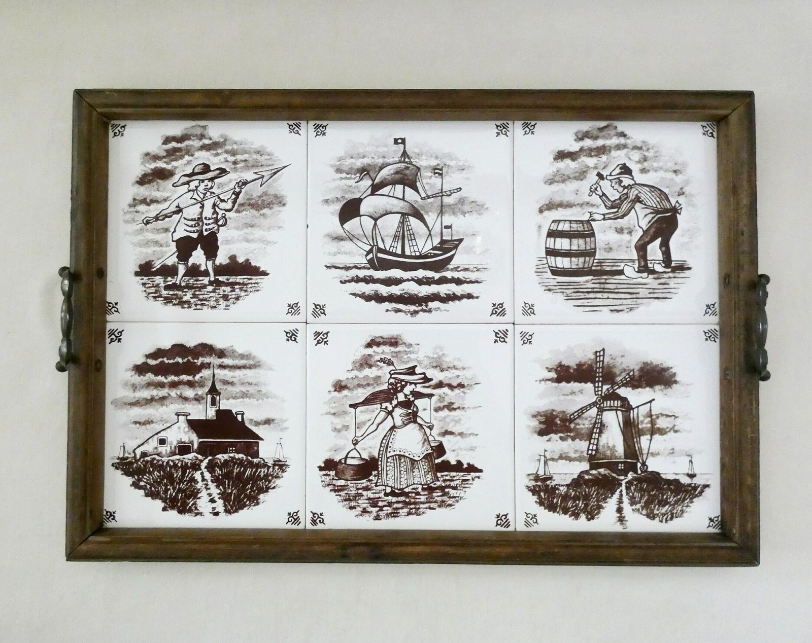 Large Vintage French Serving Tray Metal Handles Traditional Wood Tray With Ceramic Tile Old French Farmhouse Decor
