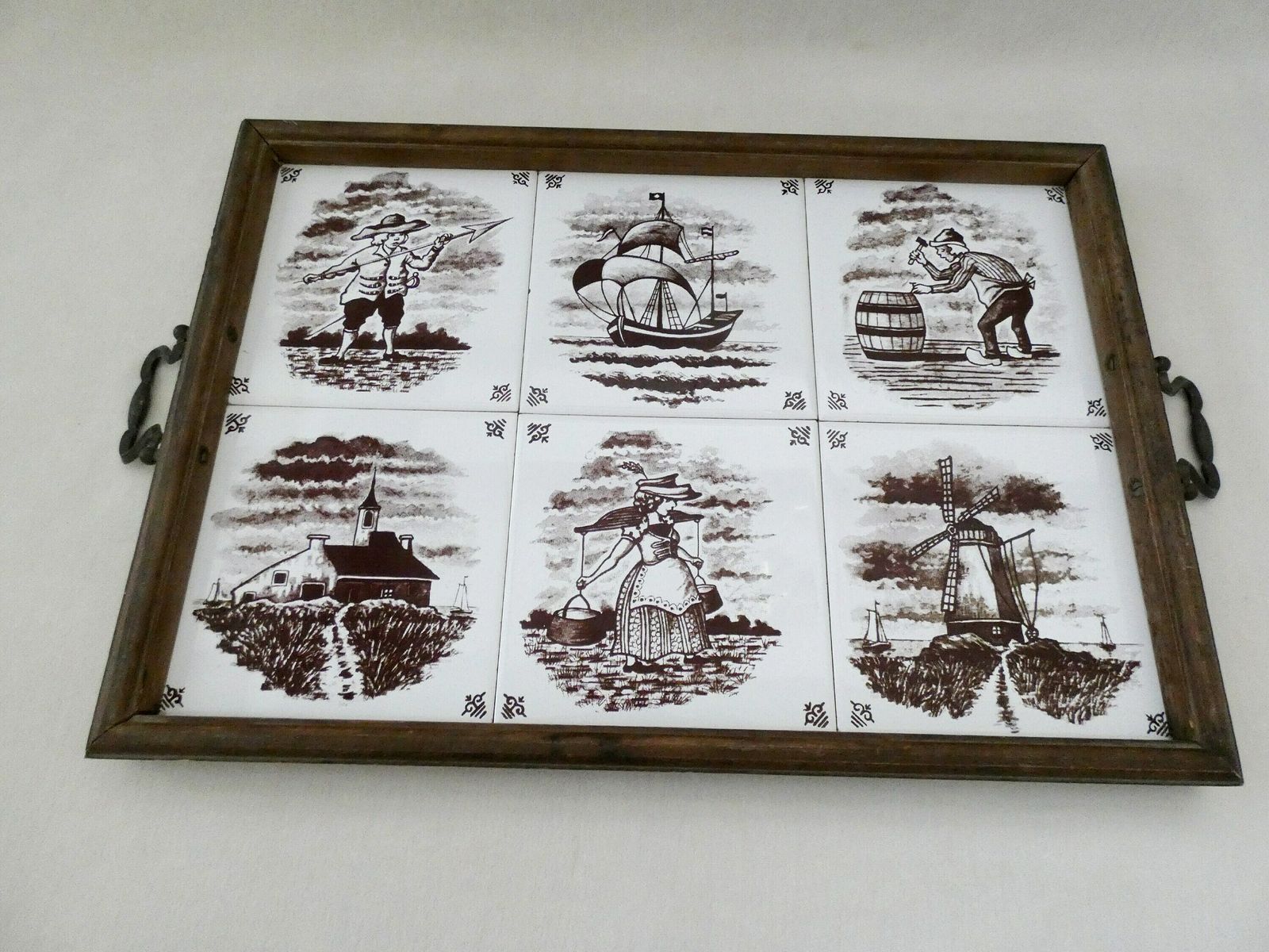Large Vintage French Serving Tray Metal Handles Traditional Wood Tray With Ceramic Tile Old French Farmhouse Decor photo furniture