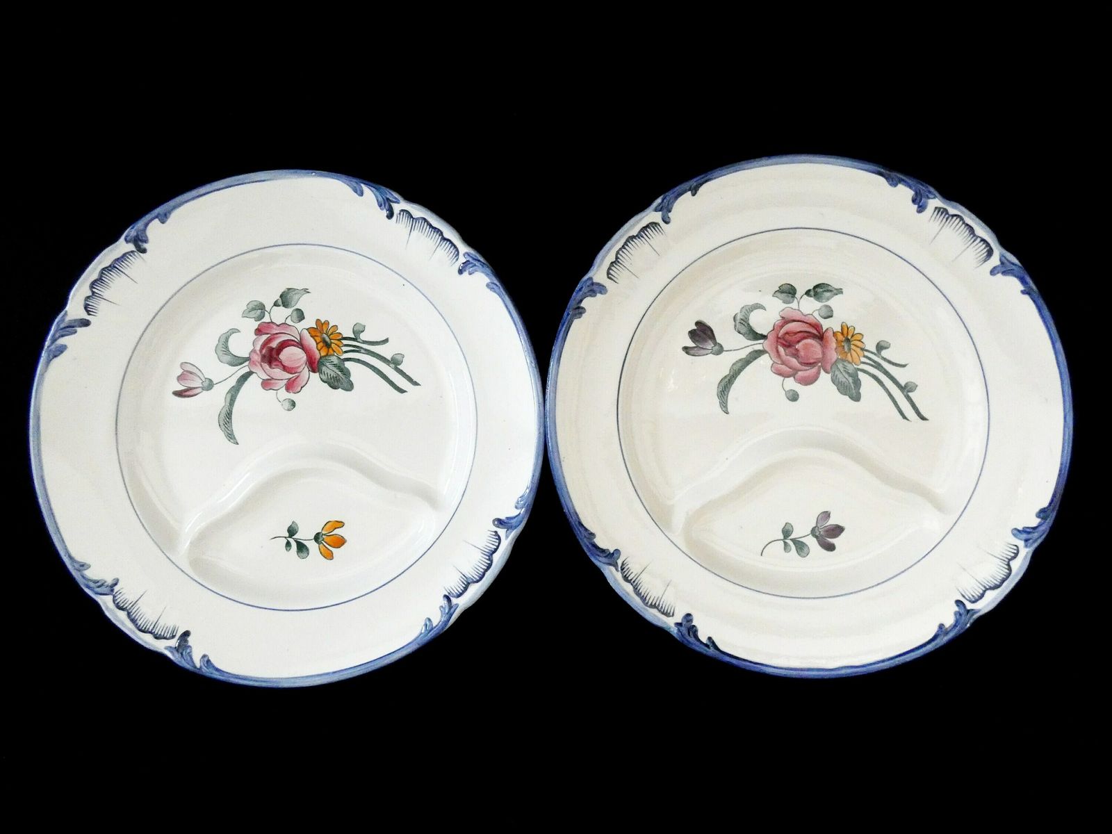 2 Antieke Longchamp Terre De Fer "Velars" Aspergeborden, Handgeschilderde Ironstone Aspergeschotels, Frankrijk 1915