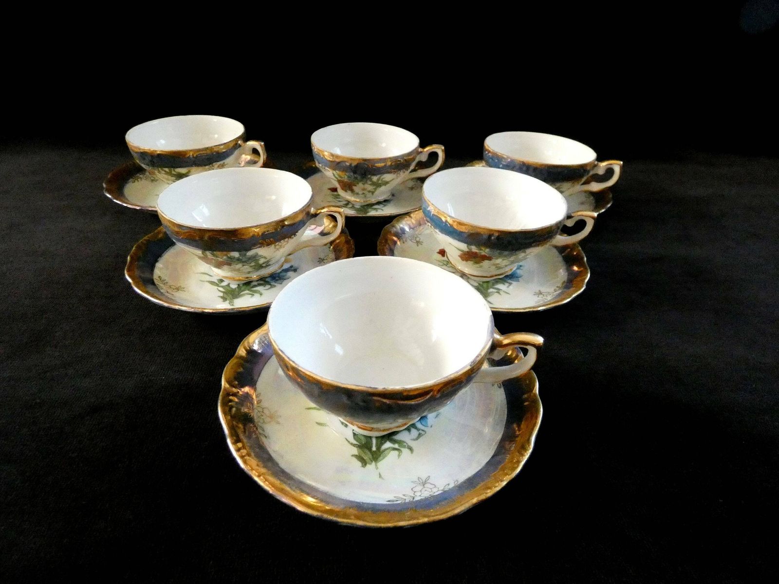 6 Antique French Coffee Cups Demitasse Porcelain Cups And Saucers Gold Edging Blue Red Yellow Flowers 1920s photo Home Decor