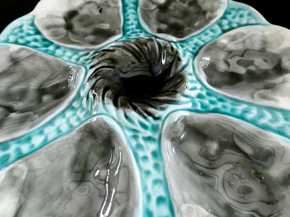 photo furniture Antique Orchies Oyster Plate Rare French Majolica Oyster Platter Moulin Des Loups Turquoise White Gray Ceramics 1910