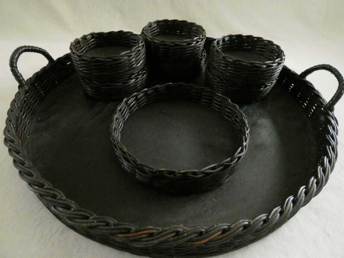 Large French Wicker Tray, Vintage Woven Rattan Platter, Rustic French Round Wicker Serving Set, Vintage French Wicker Basket