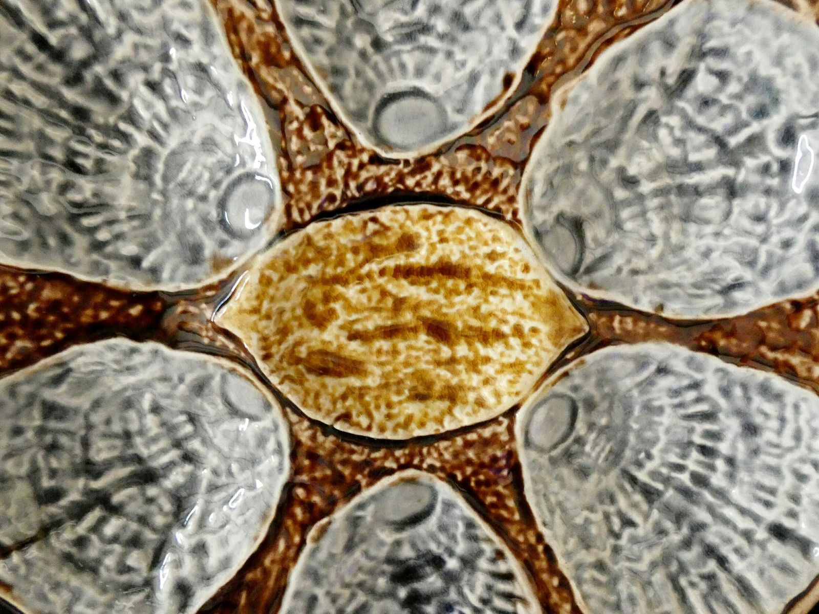 Antique French Provencal Oyster Plate Late 19th Century Brown Light Gray Yellow Majolica Palissy Ceramic Collector's Oyster Platter photo 181.0