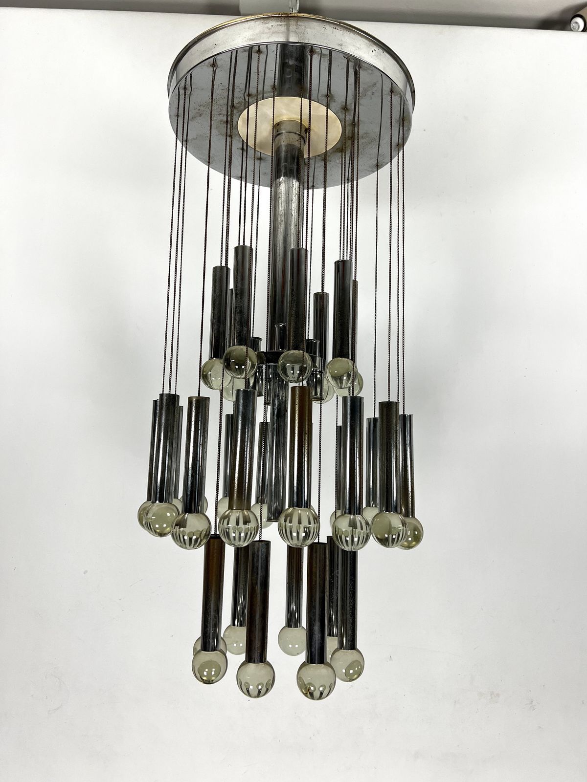 Mid  Century Glass And Chrome Chandelier By Sciolari. Italy 1960s photo furniture