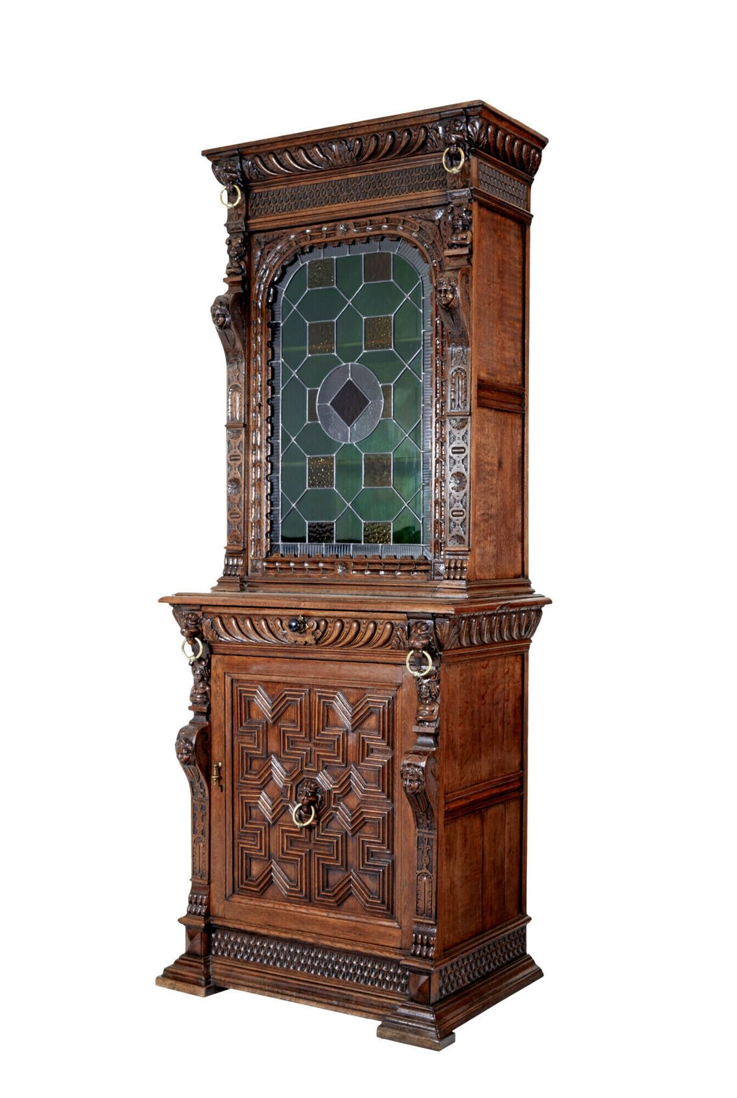 19th Century Flemish Oak And Stain Glass Cabinet