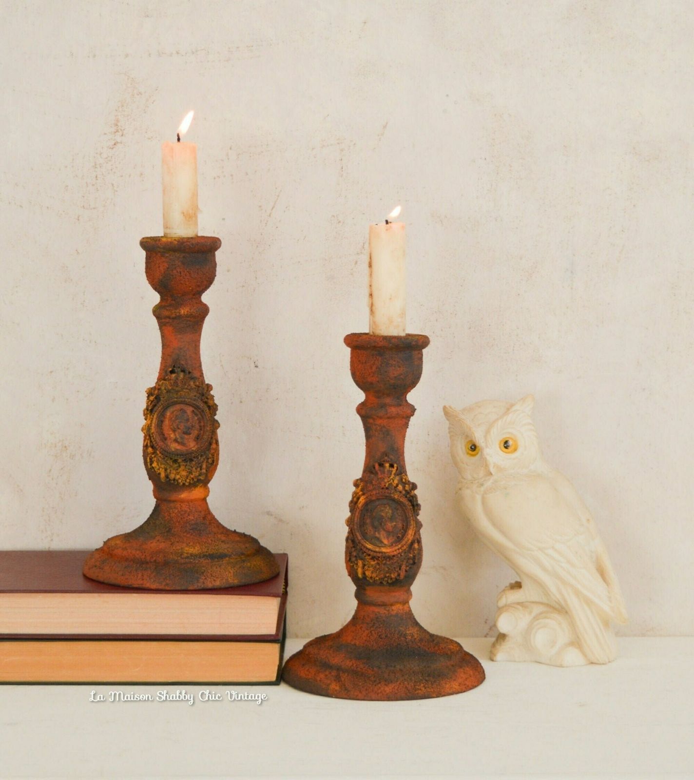 Rust Effect Pair Candle Holders, Hand Painted Black Primitive Ornate Candle Stick, Gothic Handmade Aged Black Brown Gritty Holders