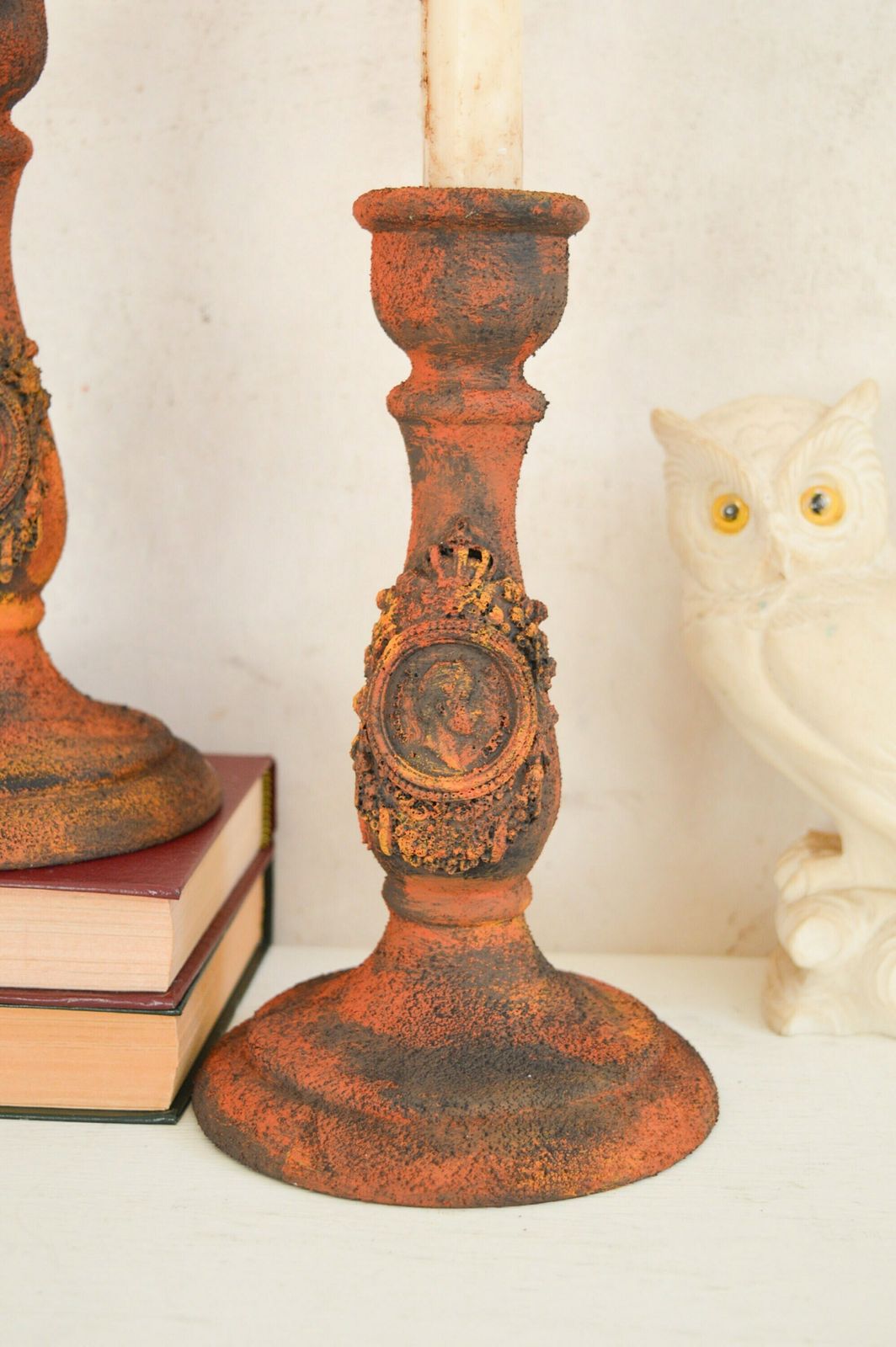 Rust Effect Pair Candle Holders, Hand Painted Black Primitive Ornate Candle Stick, Gothic Handmade Aged Black Brown Gritty Holders photo furniture