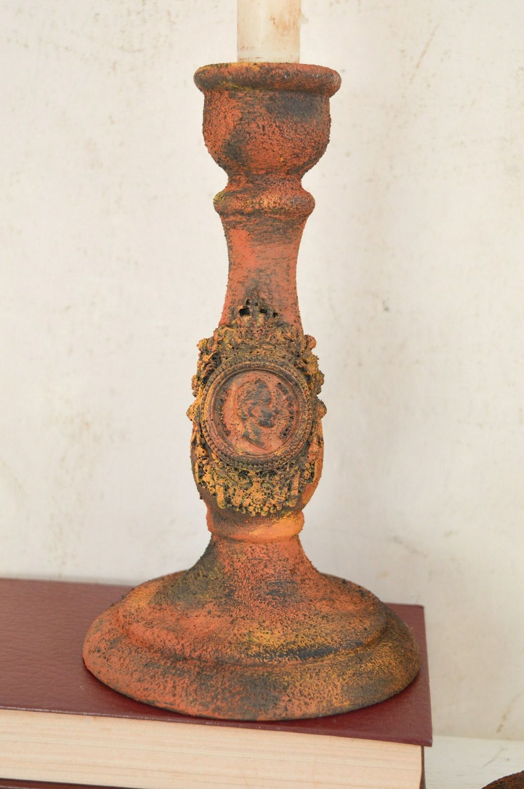 Rust Effect Pair Candle Holders, Hand Painted Black Primitive Ornate Candle Stick, Gothic Handmade Aged Black Brown Gritty Holders photo for sale