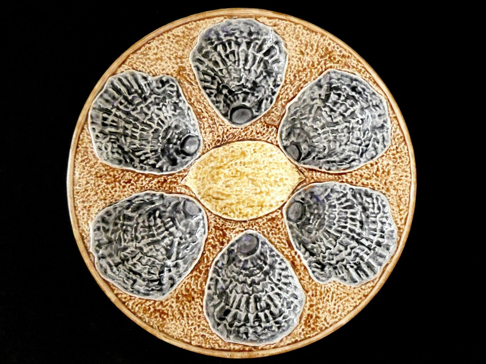 19th Century French Provencal Faience Oyster Plate Antique Rustic Palissy Brown Grey Yellow Majolica Oyster Platter photo Home Decor