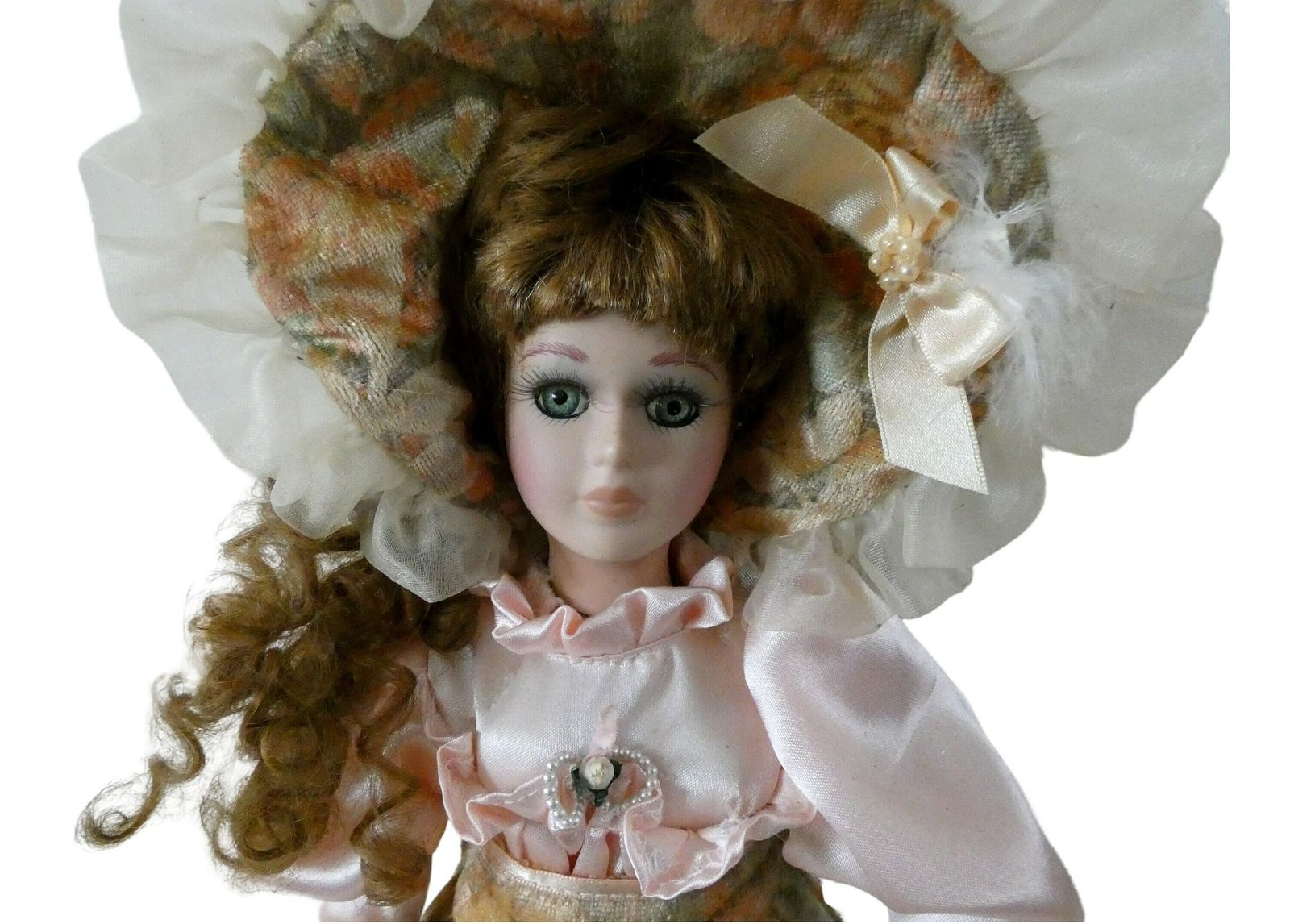 19" Vintage Franse Porseleinen Pop Blauwe Ogen Bruin Krullend Haar Roze Bruin Oranje Victoriaans Jurkje Verzamelpop Frankrijk photo 97.0
