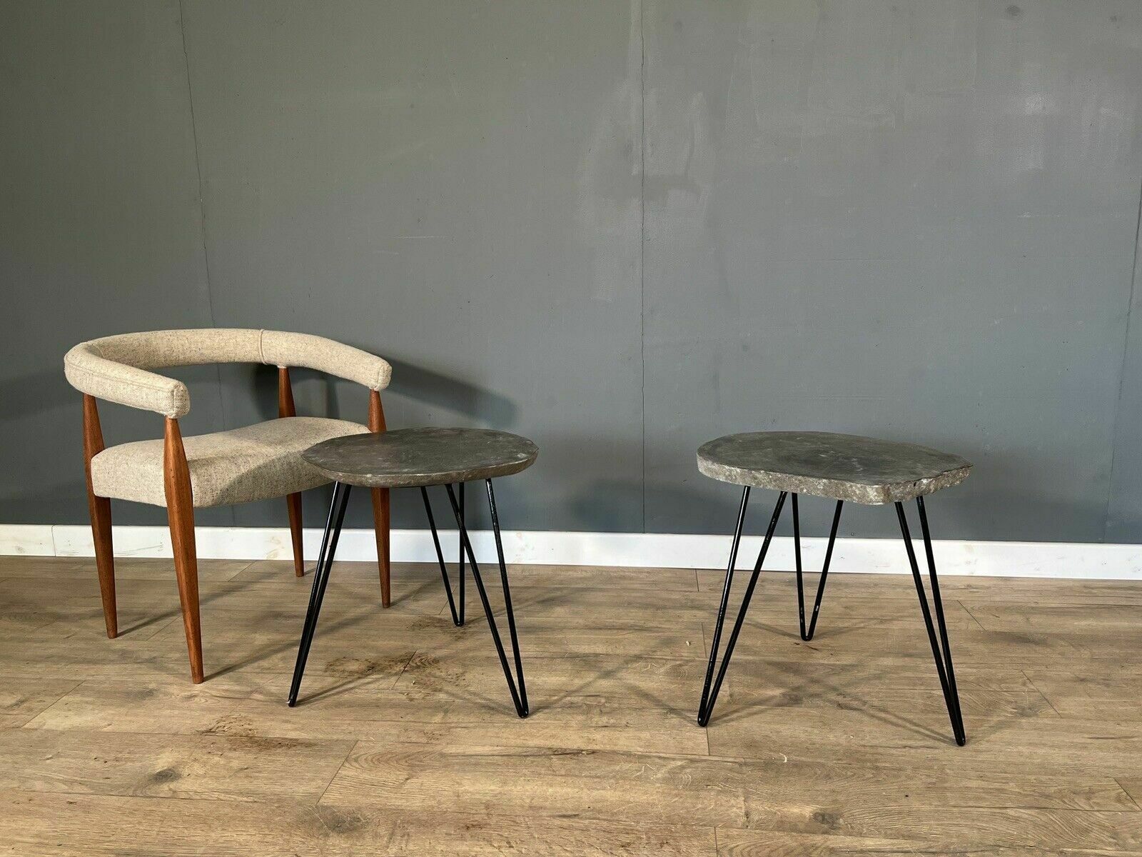 Pair Of Modern Stone Side Tables On Hairpin Legs photo buy