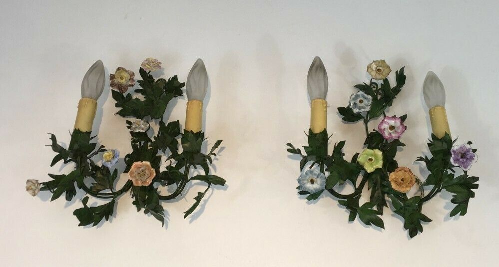 Pair Of Decorative Iron Sconces With Porcelain Flowers. French. Circa 1960